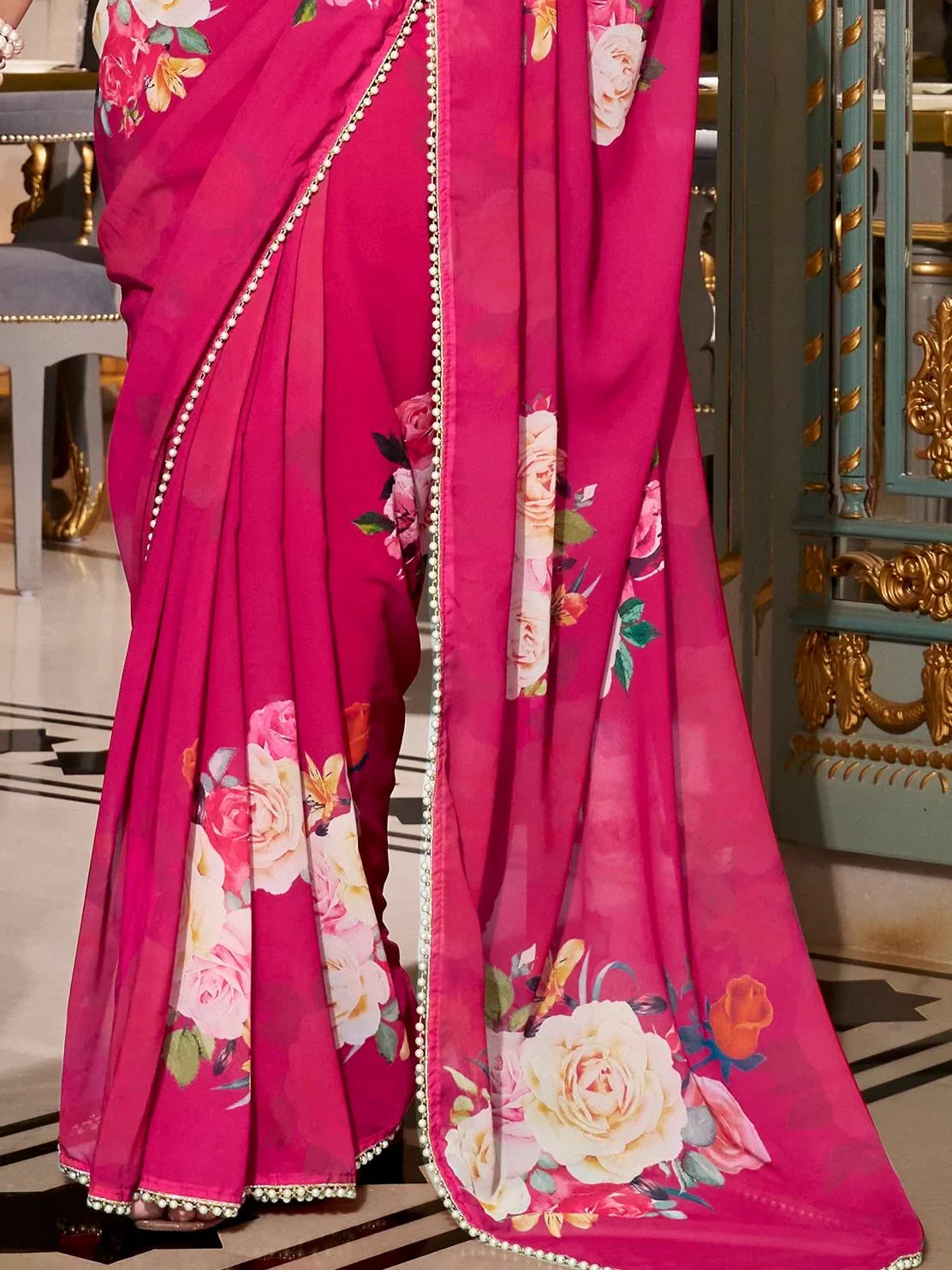 Elegant Hot Pink Floral Printed Georgette Event Wear Saree With Blouse - Zeel Clothing