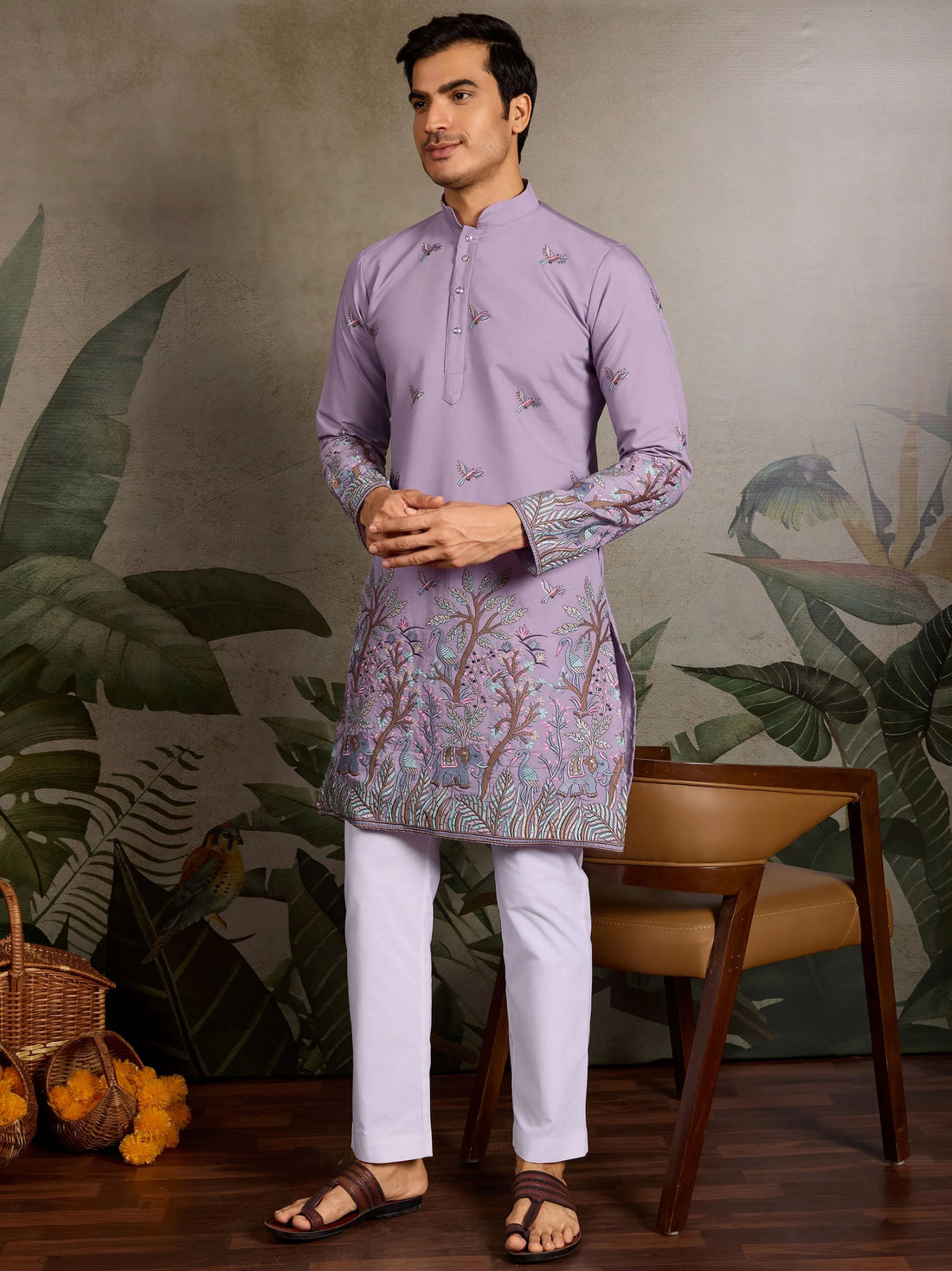 Elegant Lavender Thread Work Viscose Silk Festive Wear Men Kurta