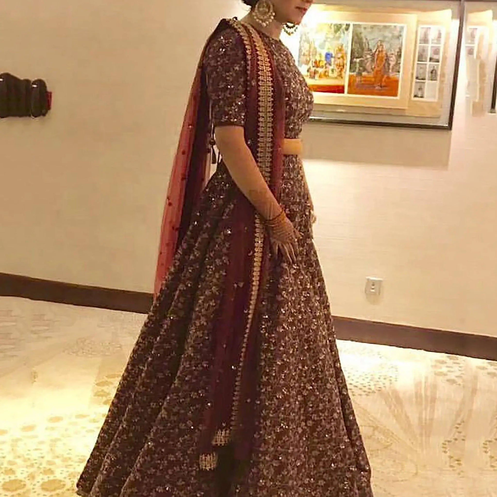 Elegant Maroon Colored Designer Heavy Embroidered Raw Silk Lehenga - Zeel Clothing