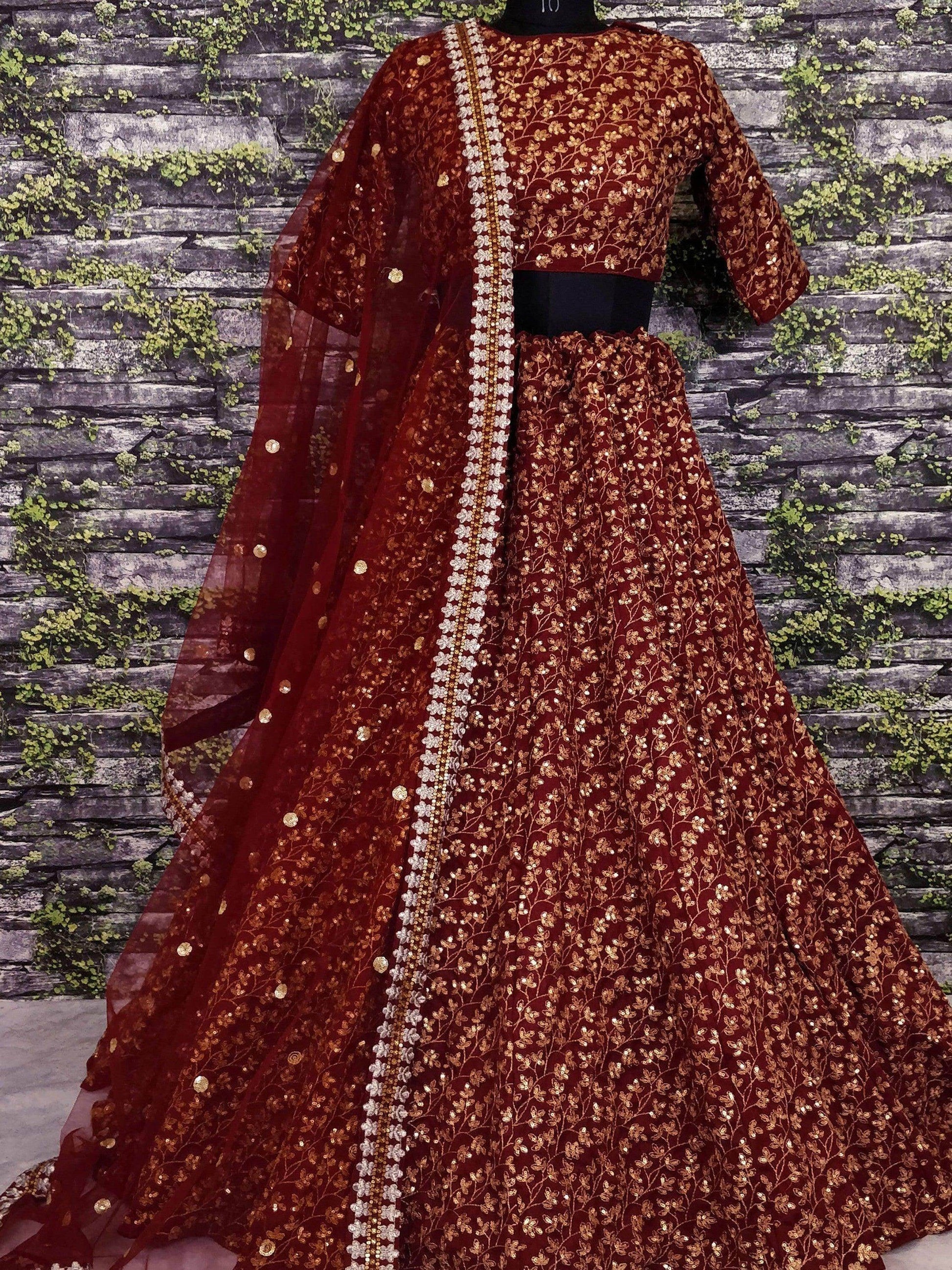 Elegant Maroon Colored Designer Heavy Embroidered Raw Silk Lehenga - Zeel Clothing