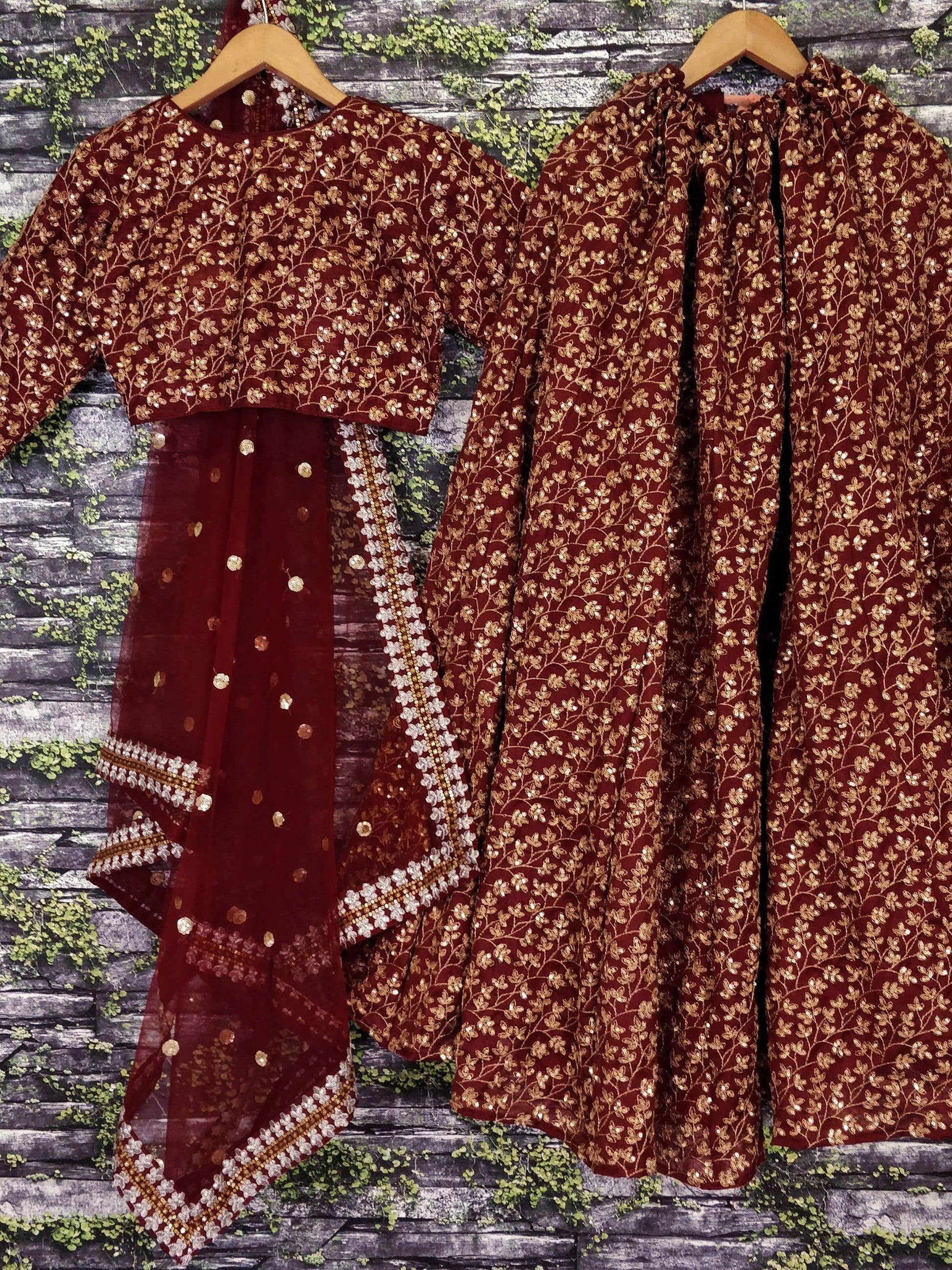 Elegant Maroon Colored Designer Heavy Embroidered Raw Silk Lehenga - Zeel Clothing