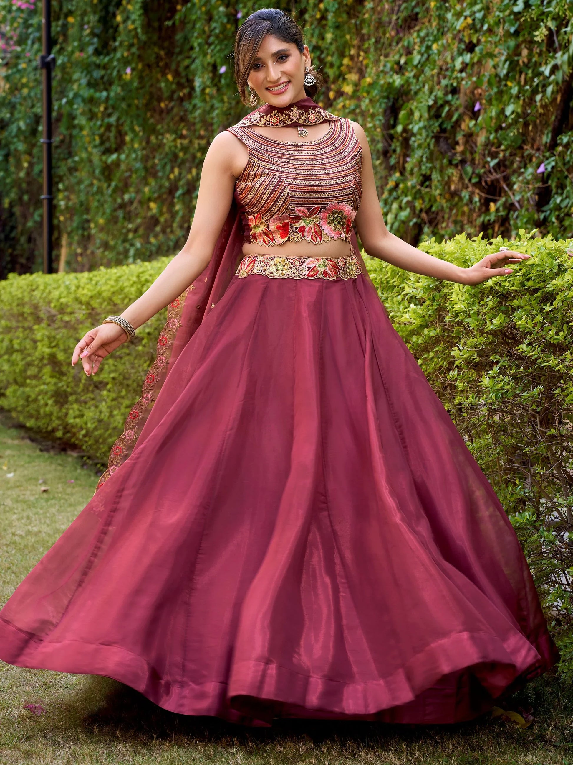 Elegant Maroon Sequins Embroidery Silk Engagement Wear Lehenga Choli