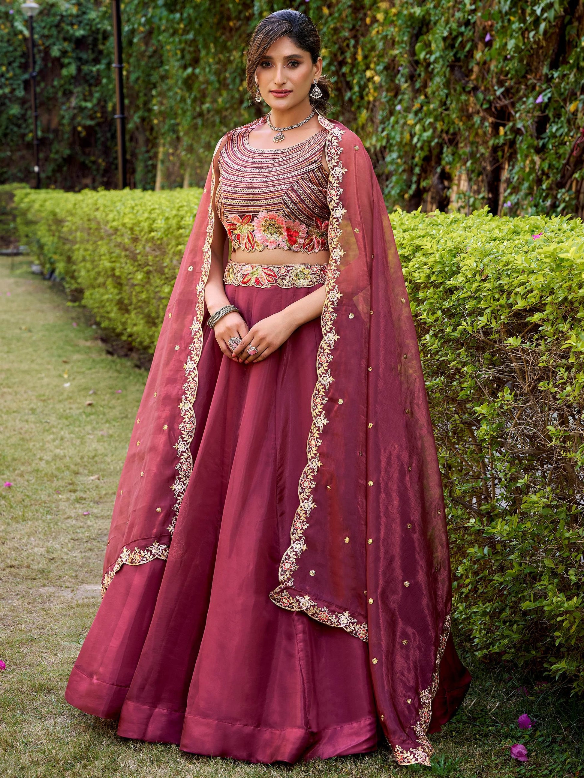 Elegant Maroon Sequins Embroidery Silk Engagement Wear Lehenga Choli