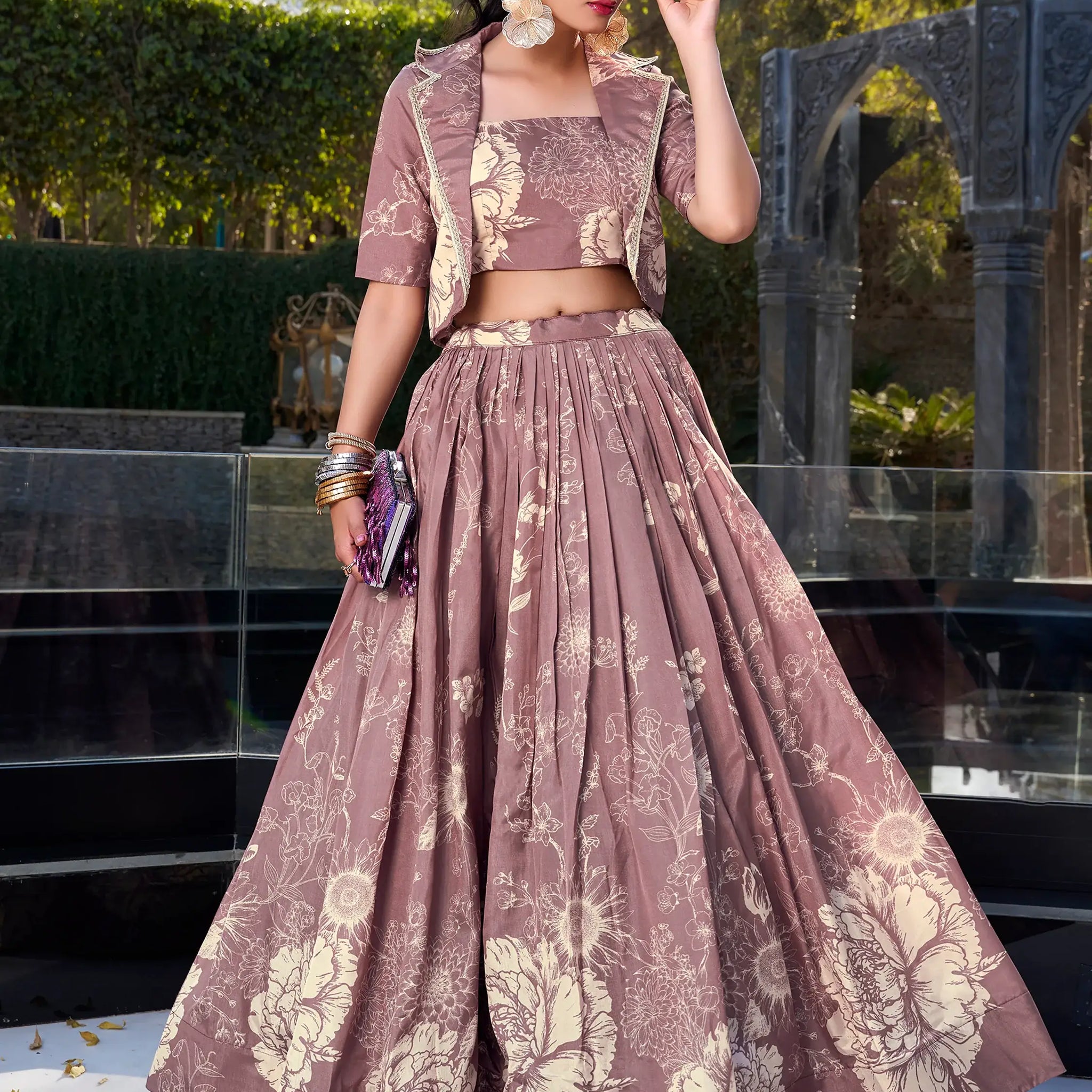 Elegant Mauve Floral Printed Silk Designer Crop Top Lehenga With Jacket - Zeel Clothing