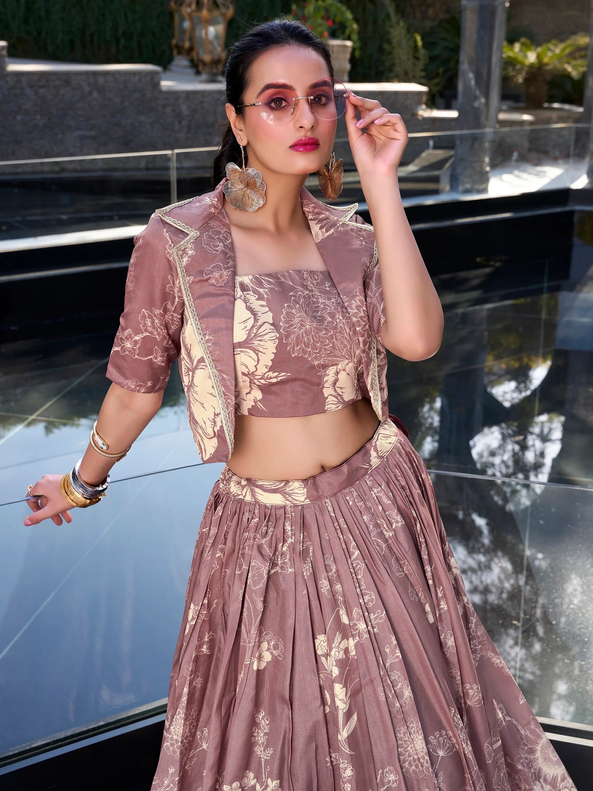 Elegant Mauve Floral Printed Silk Designer Crop Top Lehenga With Jacket - Zeel Clothing