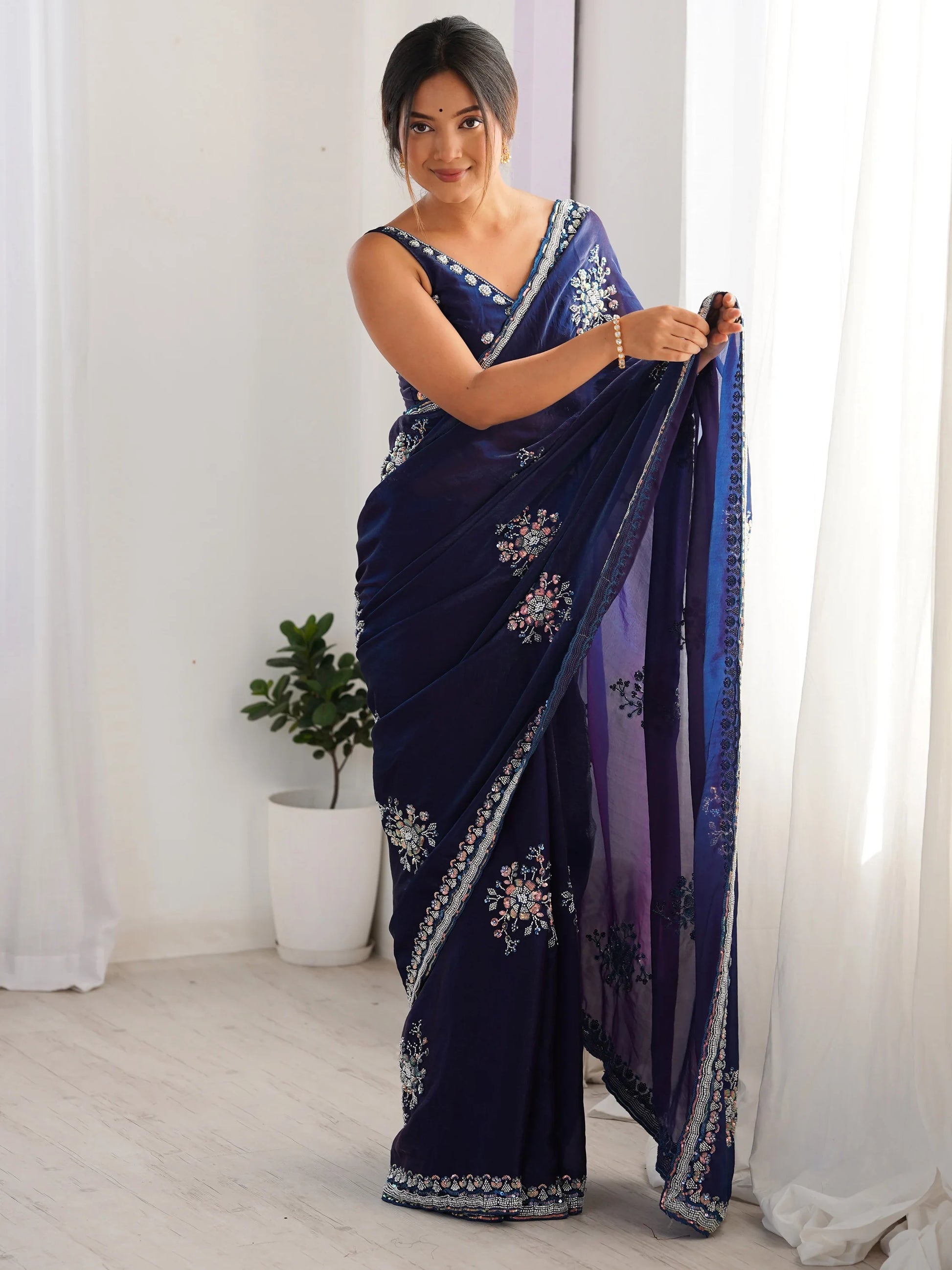 Elegant Navy Blue Beads Work Satin Event Wear Saree With Blouse - Zeel Clothing