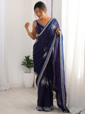 Elegant Navy Blue Beads Work Satin Event Wear Saree With Blouse - Zeel Clothing