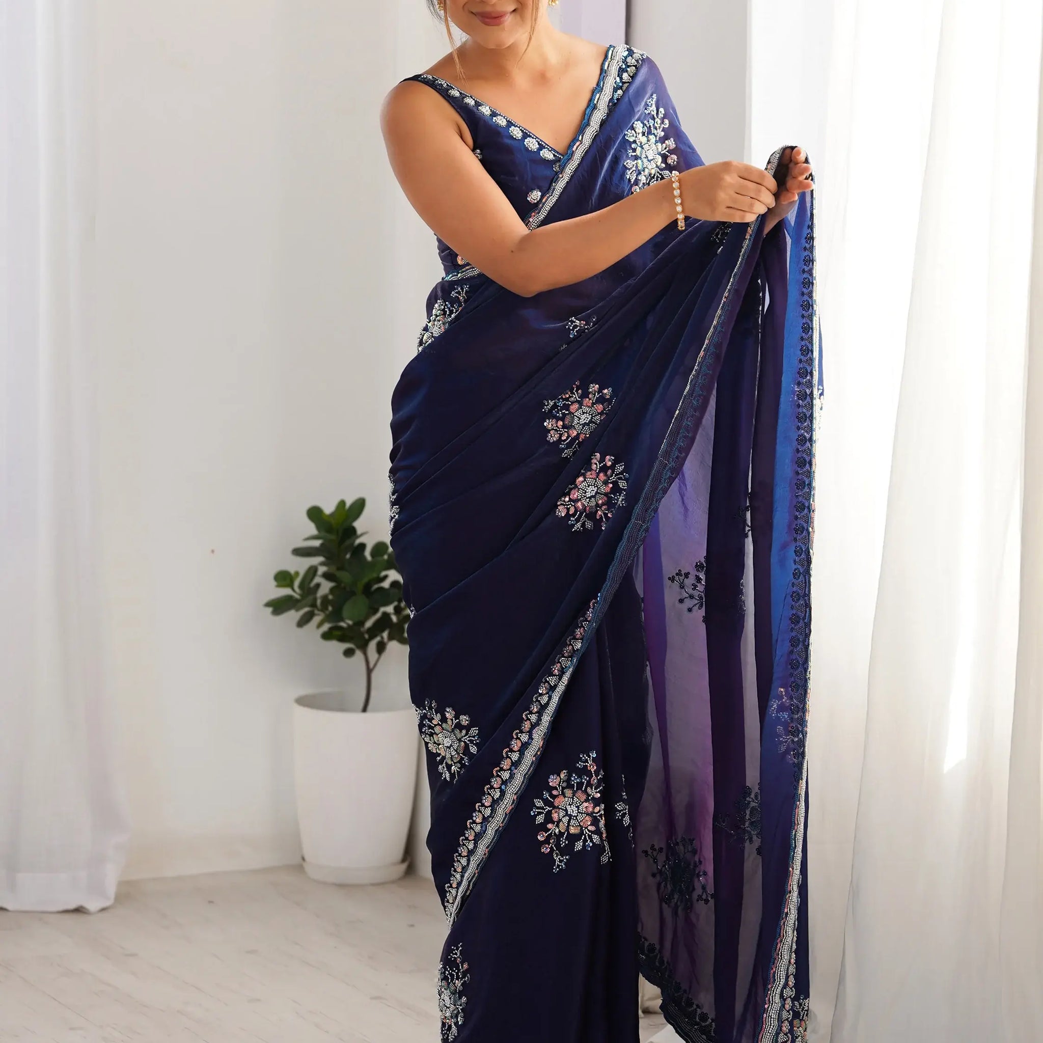 Elegant Navy Blue Beads Work Satin Event Wear Saree With Blouse - Zeel Clothing