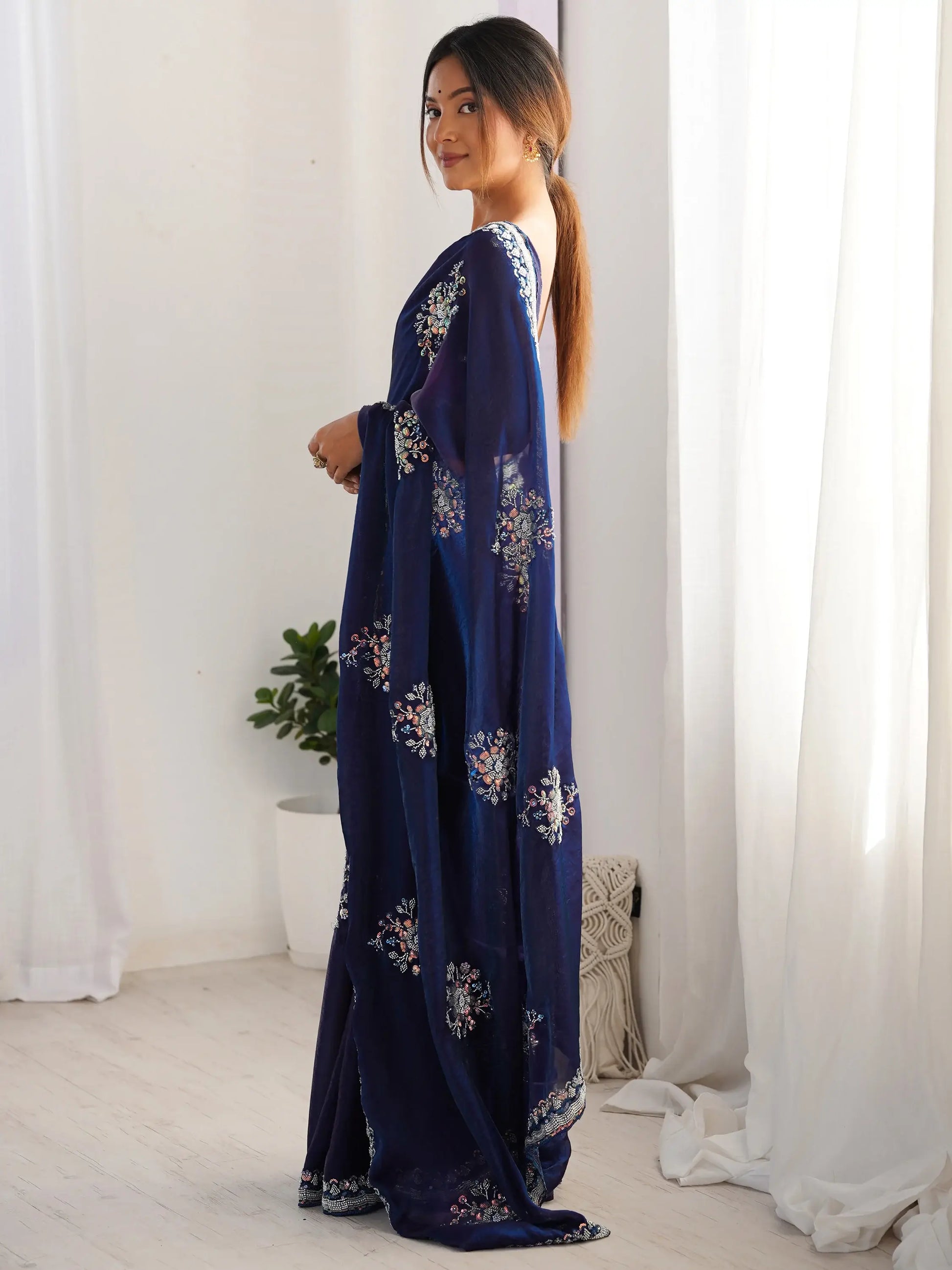 Elegant Navy Blue Beads Work Satin Event Wear Saree With Blouse - Zeel Clothing