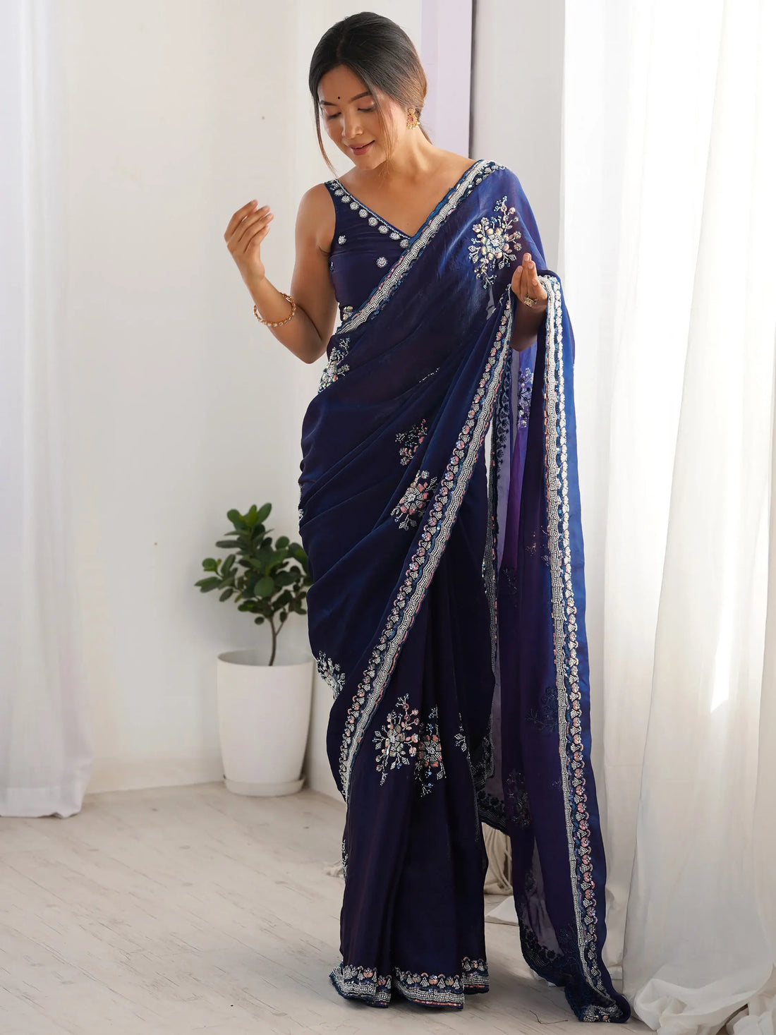 Elegant Navy Blue Beads Work Satin Event Wear Saree With Blouse - Zeel Clothing