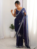 Elegant Navy Blue Beads Work Satin Event Wear Saree With Blouse - Zeel Clothing
