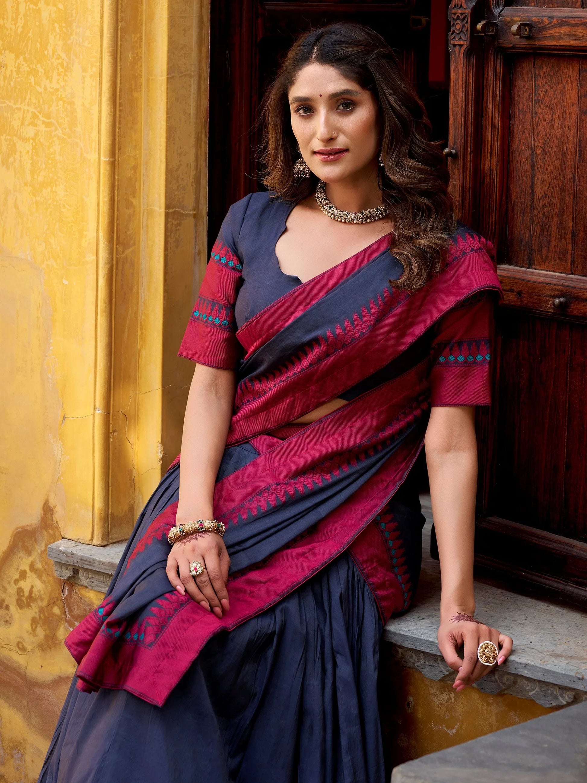 Elegant Navy Blue Embroidered Chanderi Wedding Wear Lehenga Choli