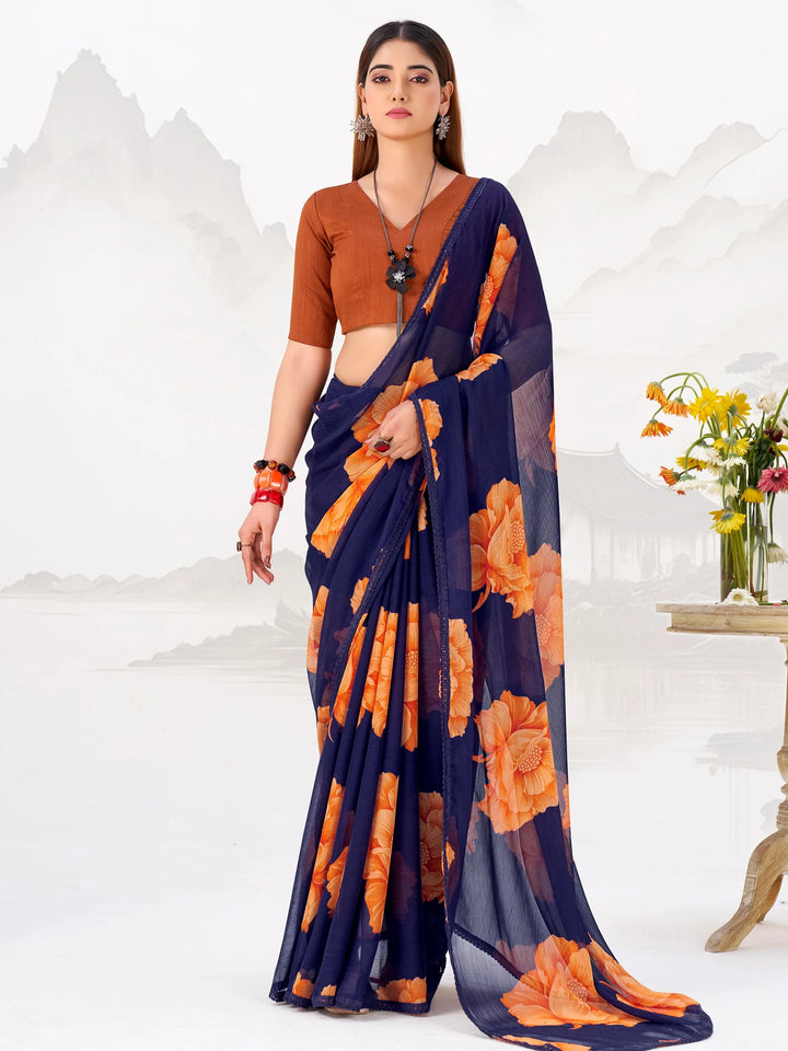 Elegant Navy Blue Floral Printed Chiffon Evening Wear Saree With Blouse