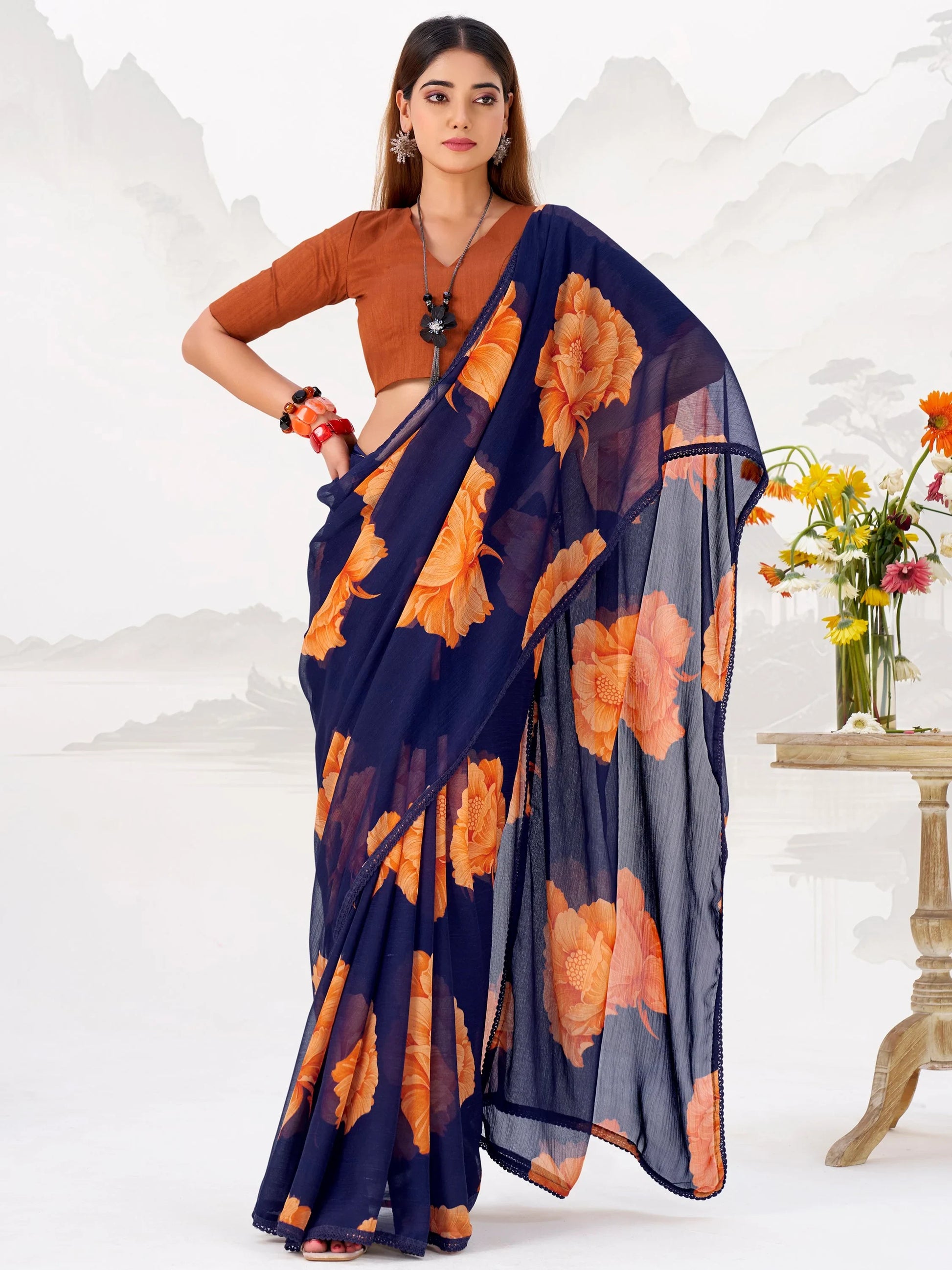 Elegant Navy Blue Floral Printed Chiffon Evening Wear Saree With Blouse
