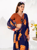 Elegant Navy Blue Floral Printed Chiffon Evening Wear Saree With Blouse