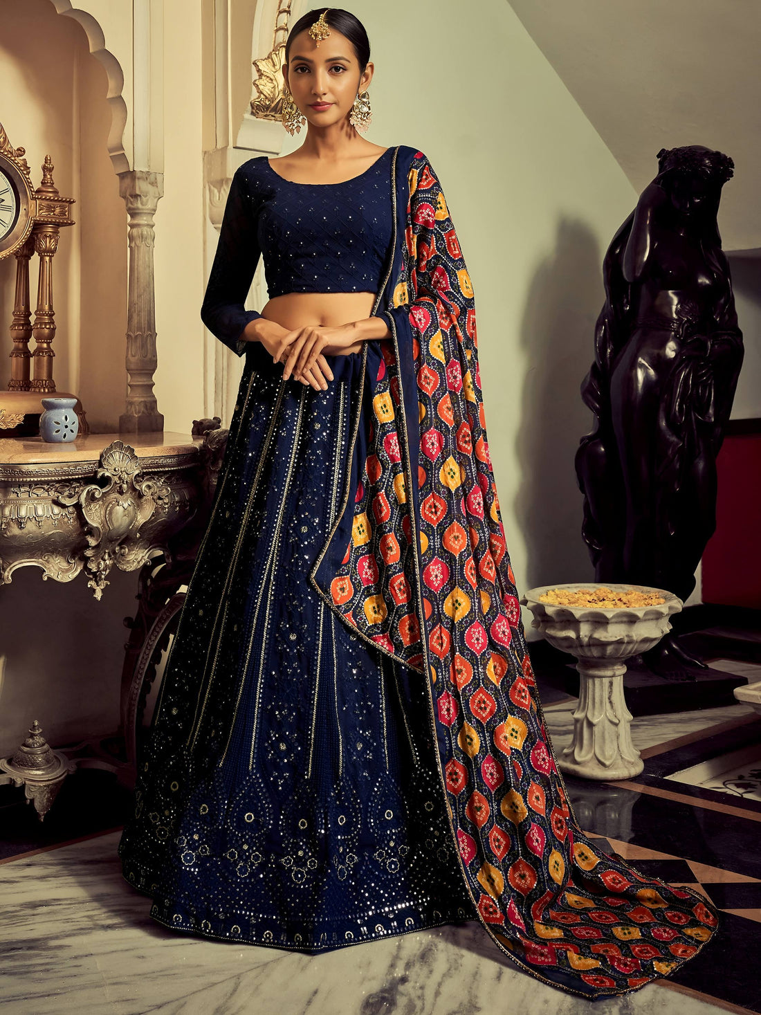 Elegant Navy Blue Thread Work Georgette Engagement Wear Lehenga Choli