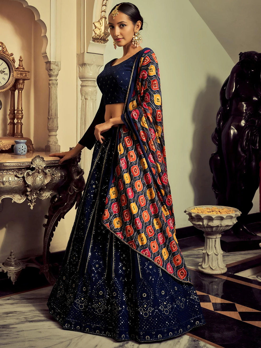 Elegant Navy Blue Thread Work Georgette Engagement Wear Lehenga Choli