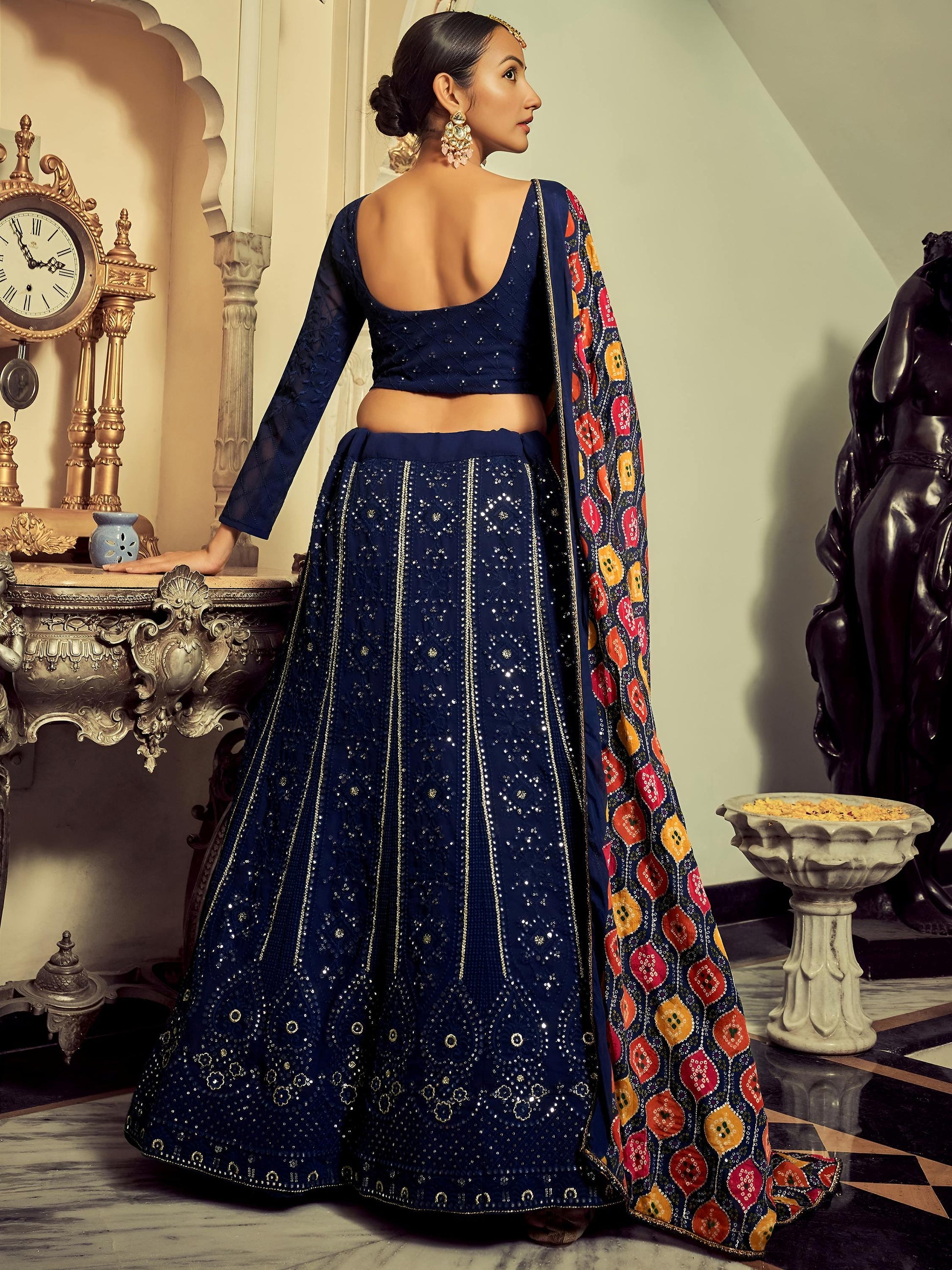 Elegant Navy Blue Thread Work Georgette Engagement Wear Lehenga Choli