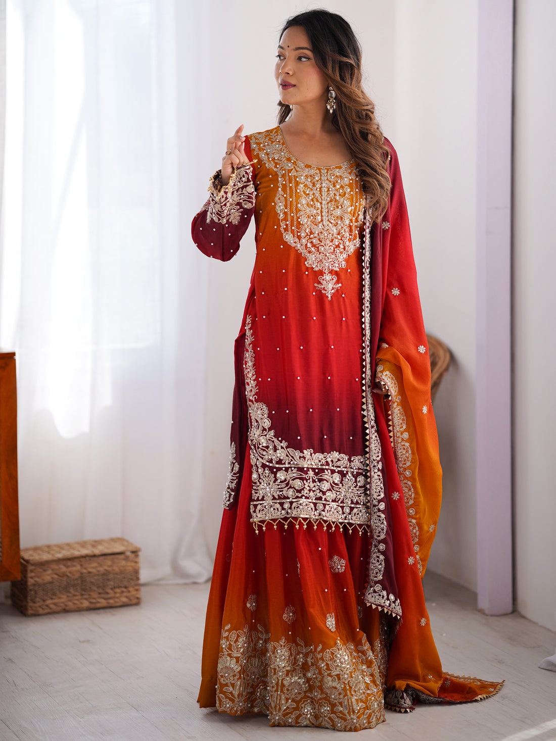 Elegant Orange Chinnon Thread Sequins Eid Wear Sharara Suit - Zeel Clothing