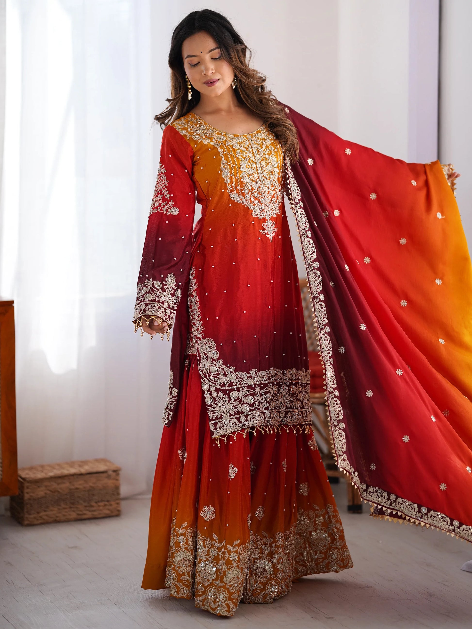Elegant Orange Chinnon Thread Sequins Eid Wear Sharara Suit - Zeel Clothing