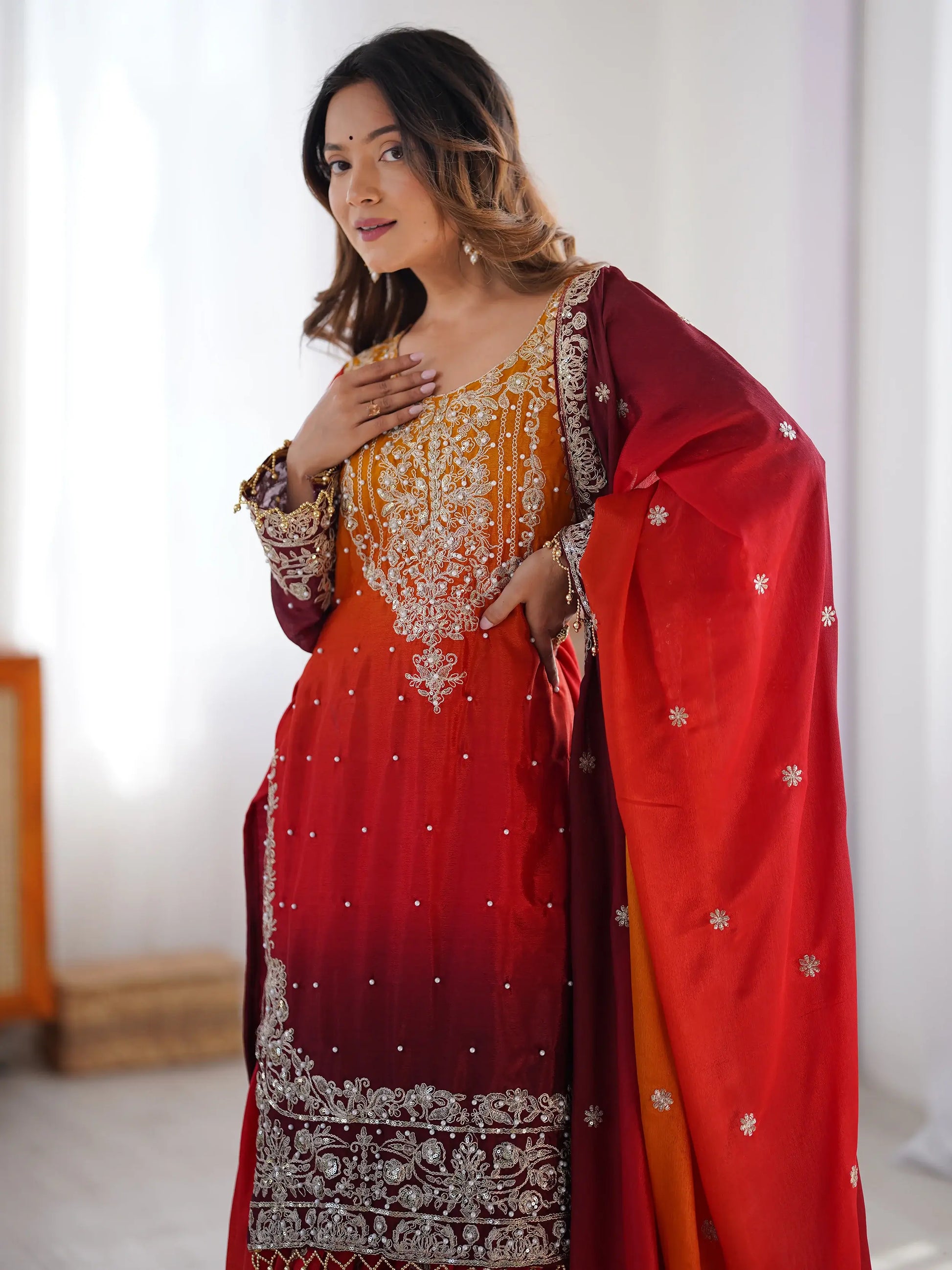 Elegant Orange Chinnon Thread Sequins Eid Wear Sharara Suit - Zeel Clothing