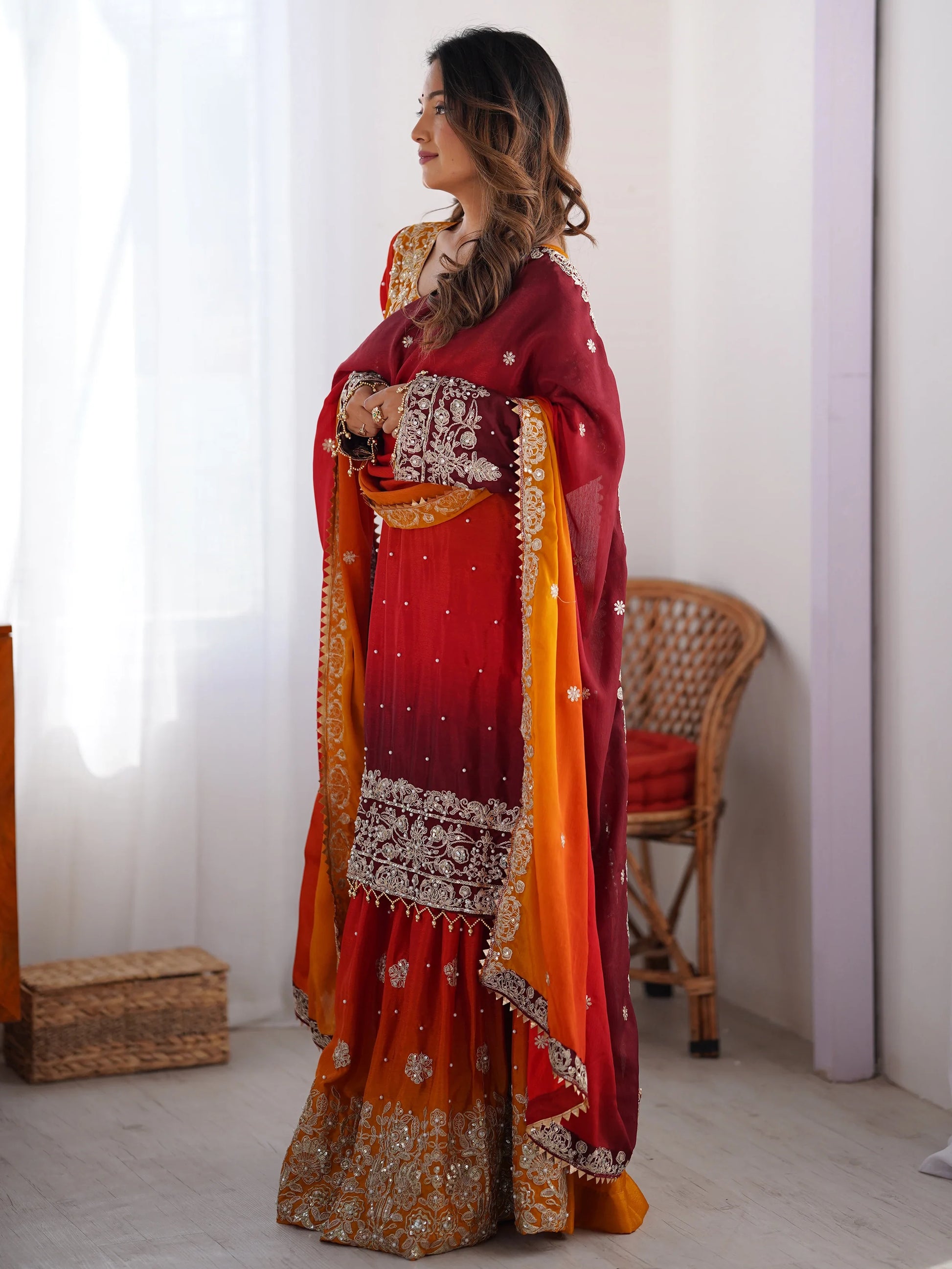 Elegant Orange Chinnon Thread Sequins Eid Wear Sharara Suit - Zeel Clothing
