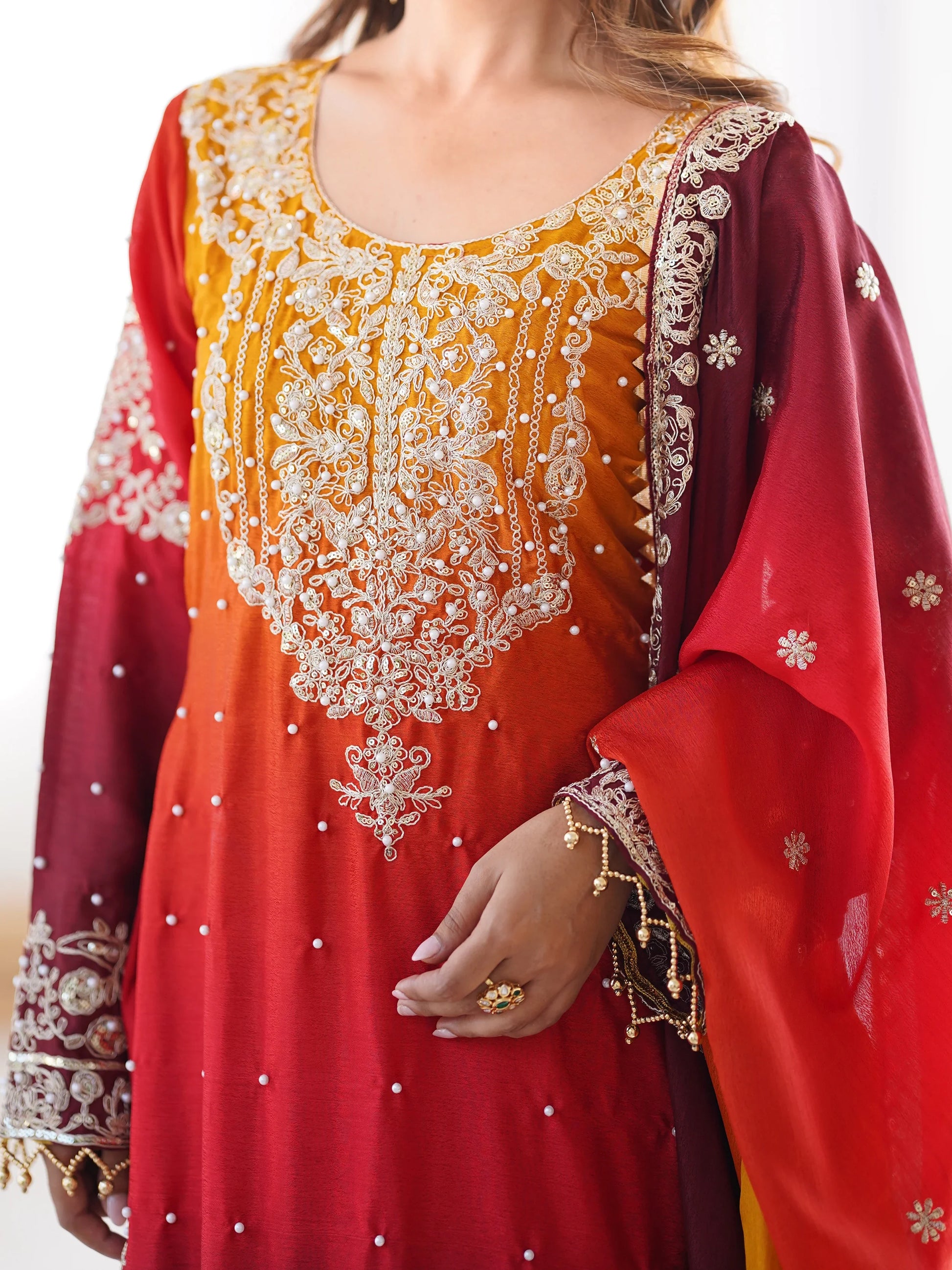 Elegant Orange Chinnon Thread Sequins Eid Wear Sharara Suit - Zeel Clothing