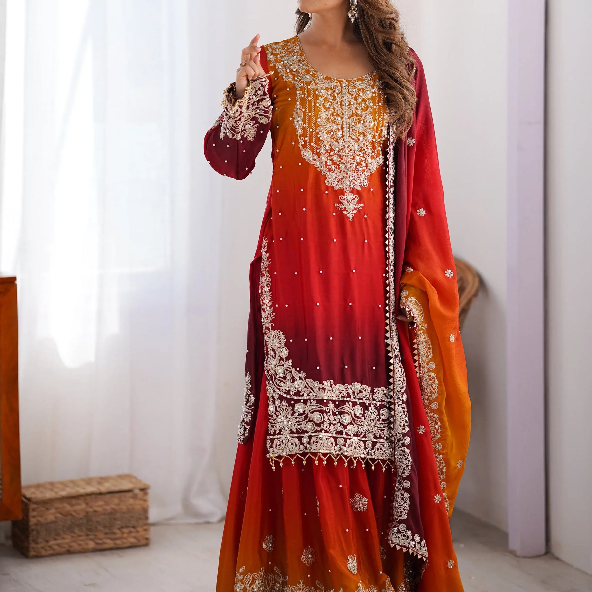 Elegant Orange Chinnon Thread Sequins Eid Wear Sharara Suit - Zeel Clothing