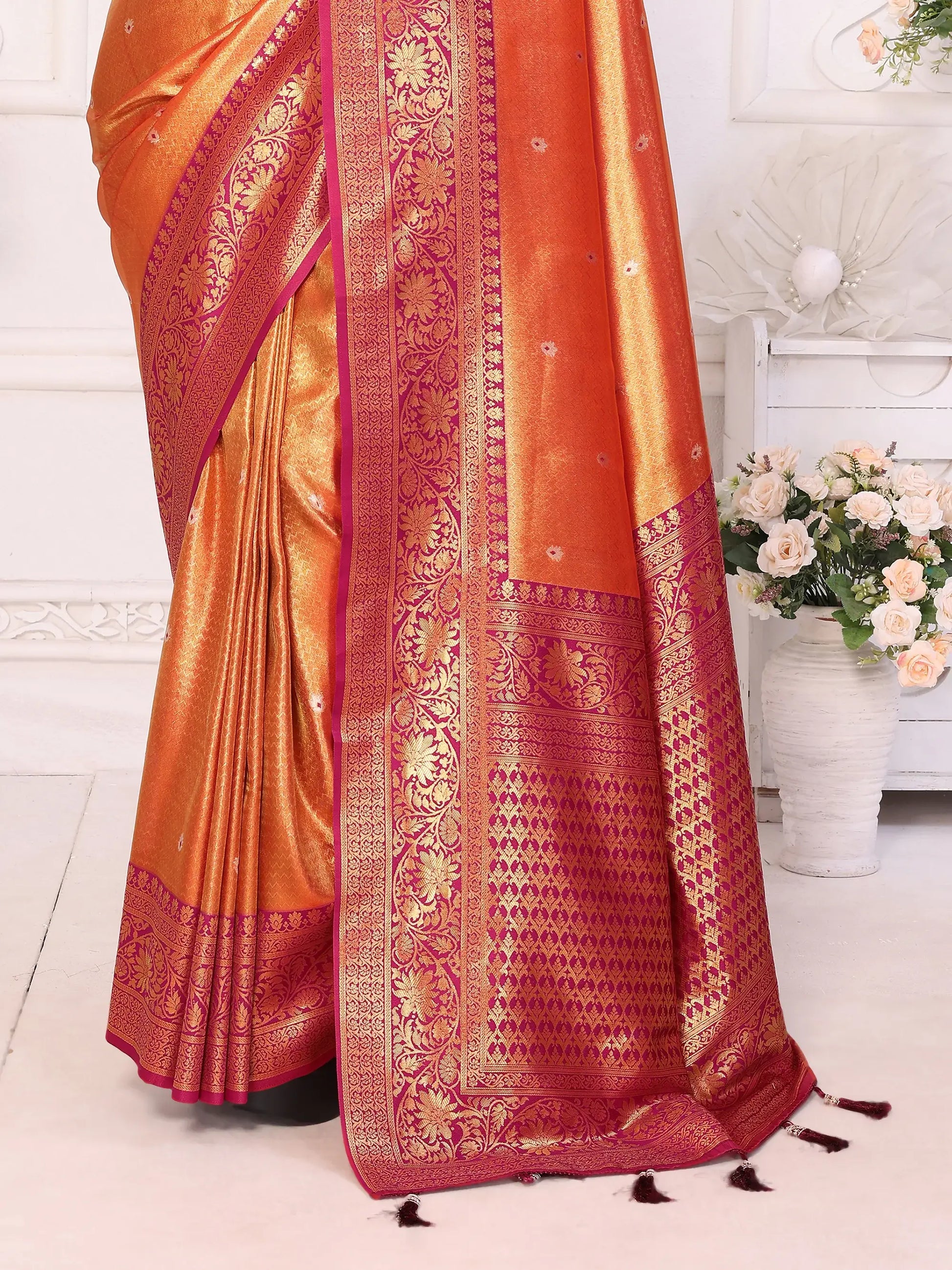 Elegant Orange Zari Weaving Banarasi Silk Festive Wear Saree With Blouse - Zeel Clothing