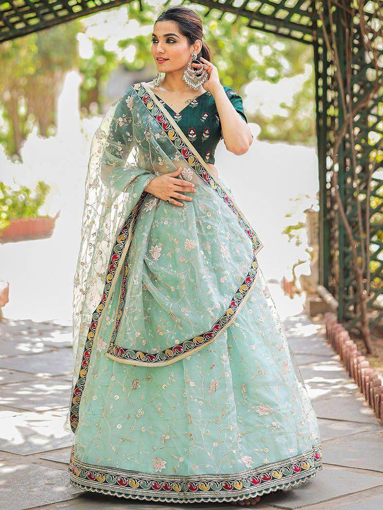 Elegant Pastel Green Thread Embroidery Organza Occasion Wear Lehenga Choli - Zeel Clothing