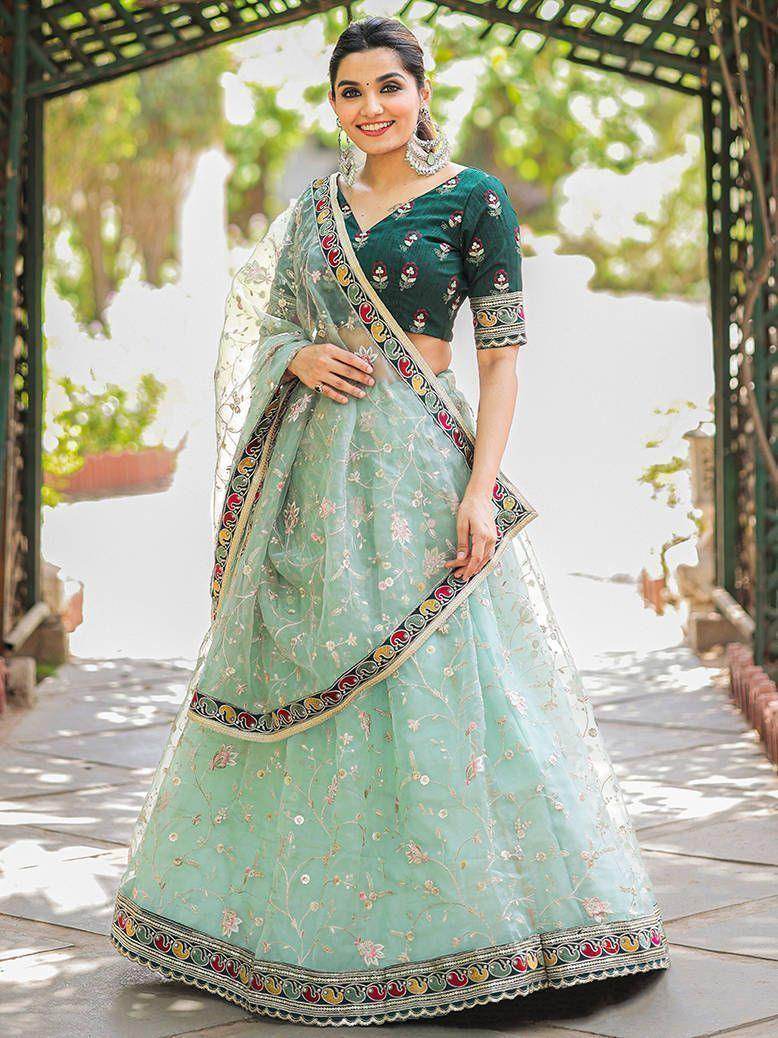 Elegant Pastel Green Thread Embroidery Organza Occasion Wear Lehenga Choli - Zeel Clothing