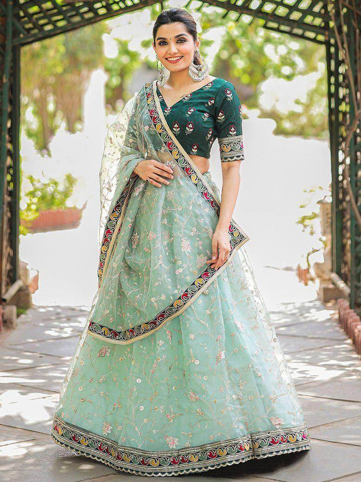 Elegant Pastel Green Thread Embroidery Organza Occasion Wear Lehenga Choli - Zeel Clothing