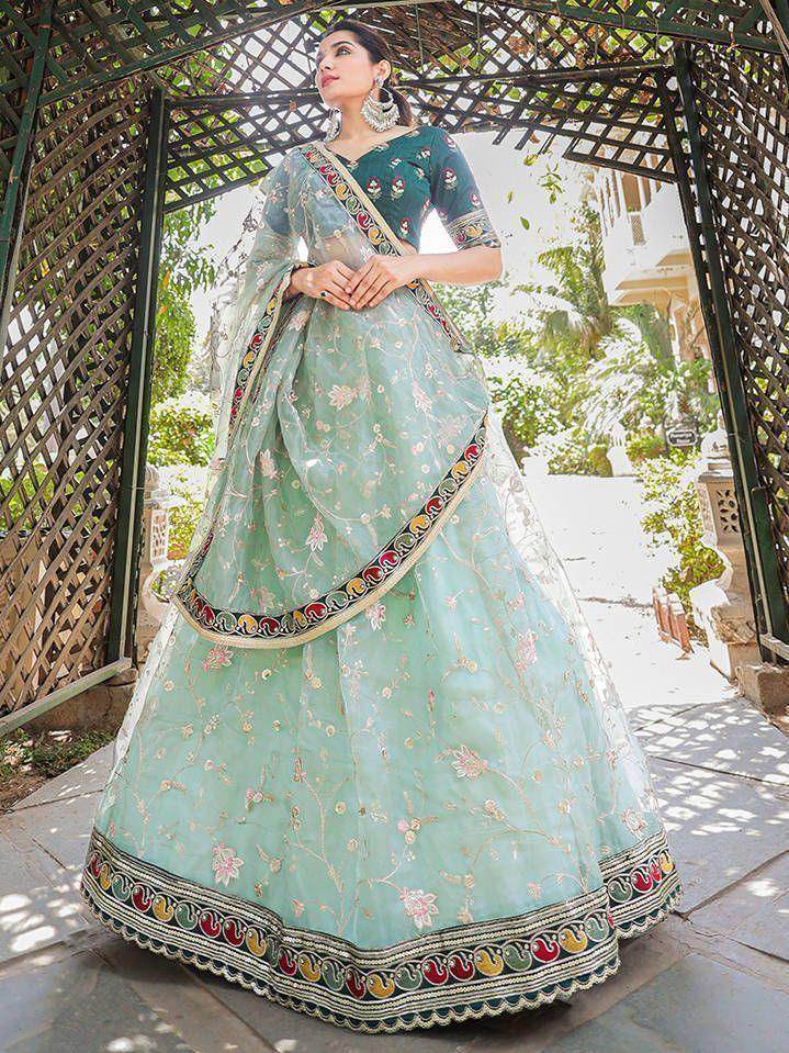 Elegant Pastel Green Thread Embroidery Organza Occasion Wear Lehenga Choli - Zeel Clothing