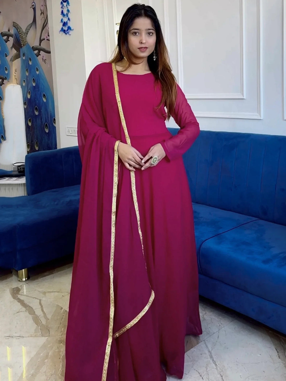 Elegant Pink Georgette Casual Wear Gown With Dupatta - Zeel Clothing