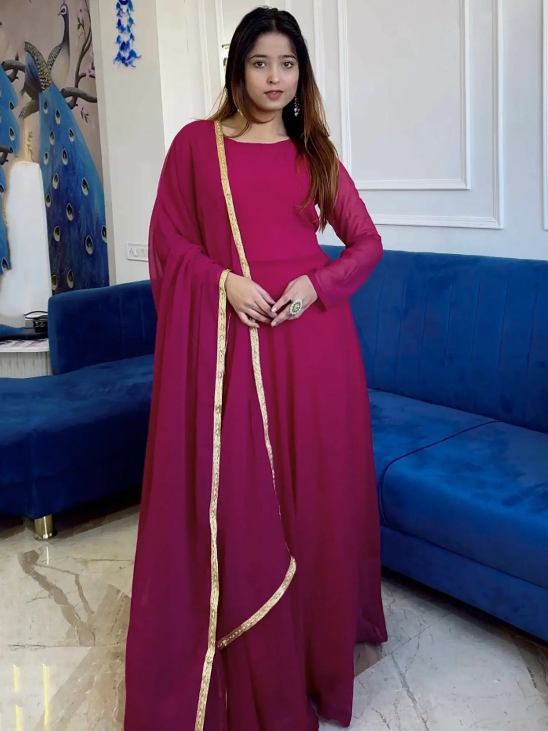 Elegant Pink Georgette Casual Wear Gown With Dupatta - Zeel Clothing