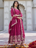 Elegant Pink Sequins Work Georgette Party Wear Gown With Dupatta
