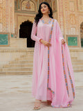 Elegant Pink Thread Embroidery Georgette Event Wear Gown With Dupatta