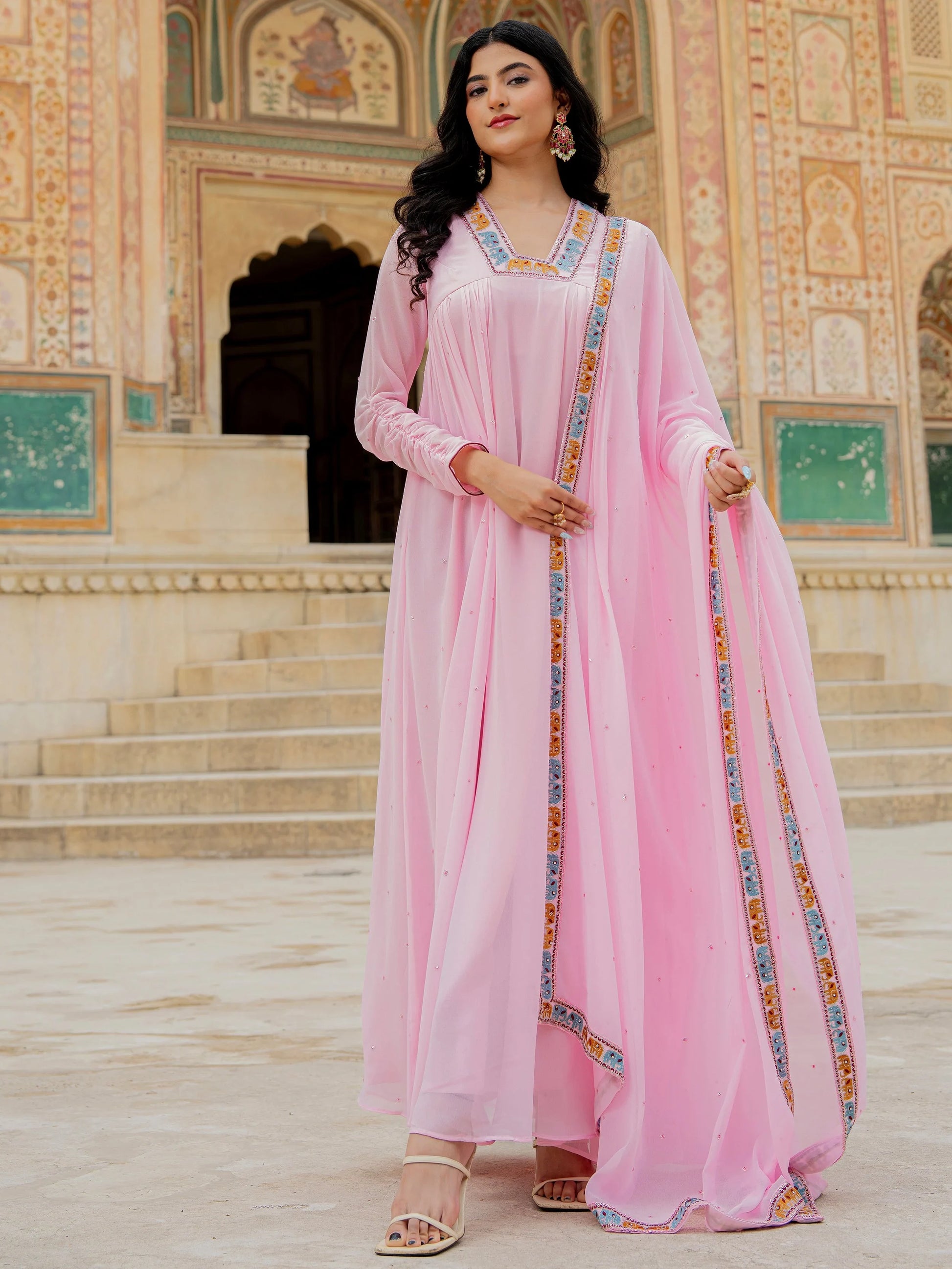 Elegant Pink Thread Embroidery Georgette Event Wear Gown With Dupatta