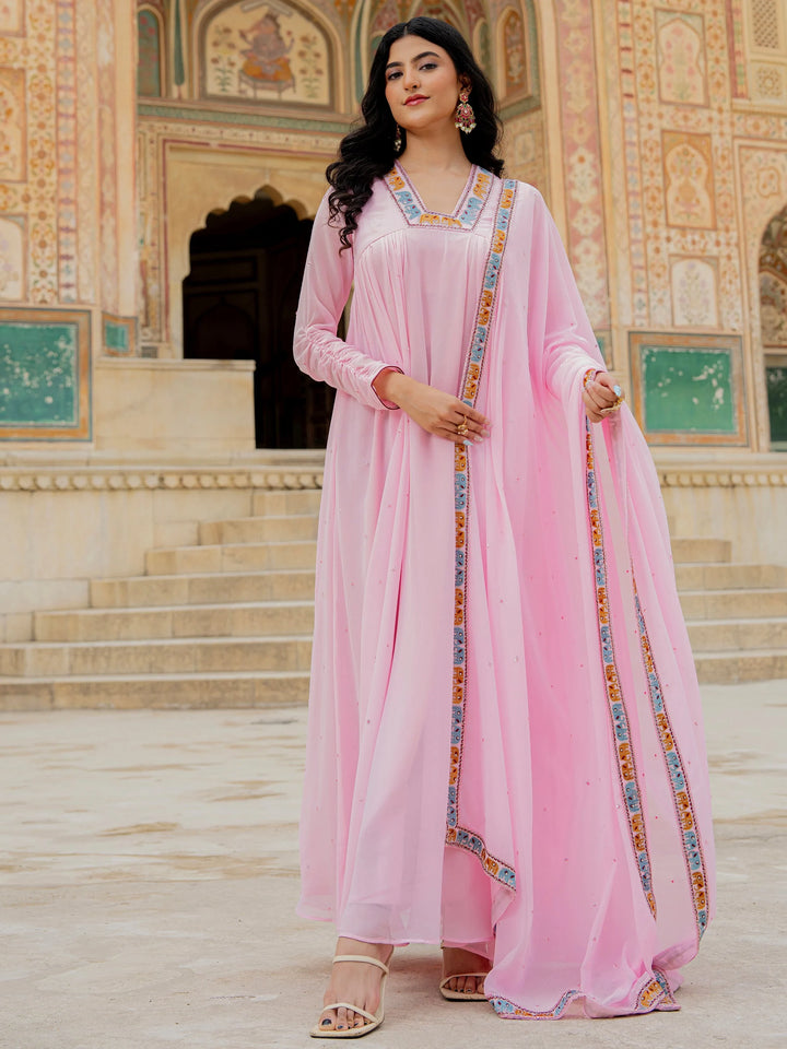 Elegant Pink Thread Embroidery Georgette Event Wear Gown With Dupatta