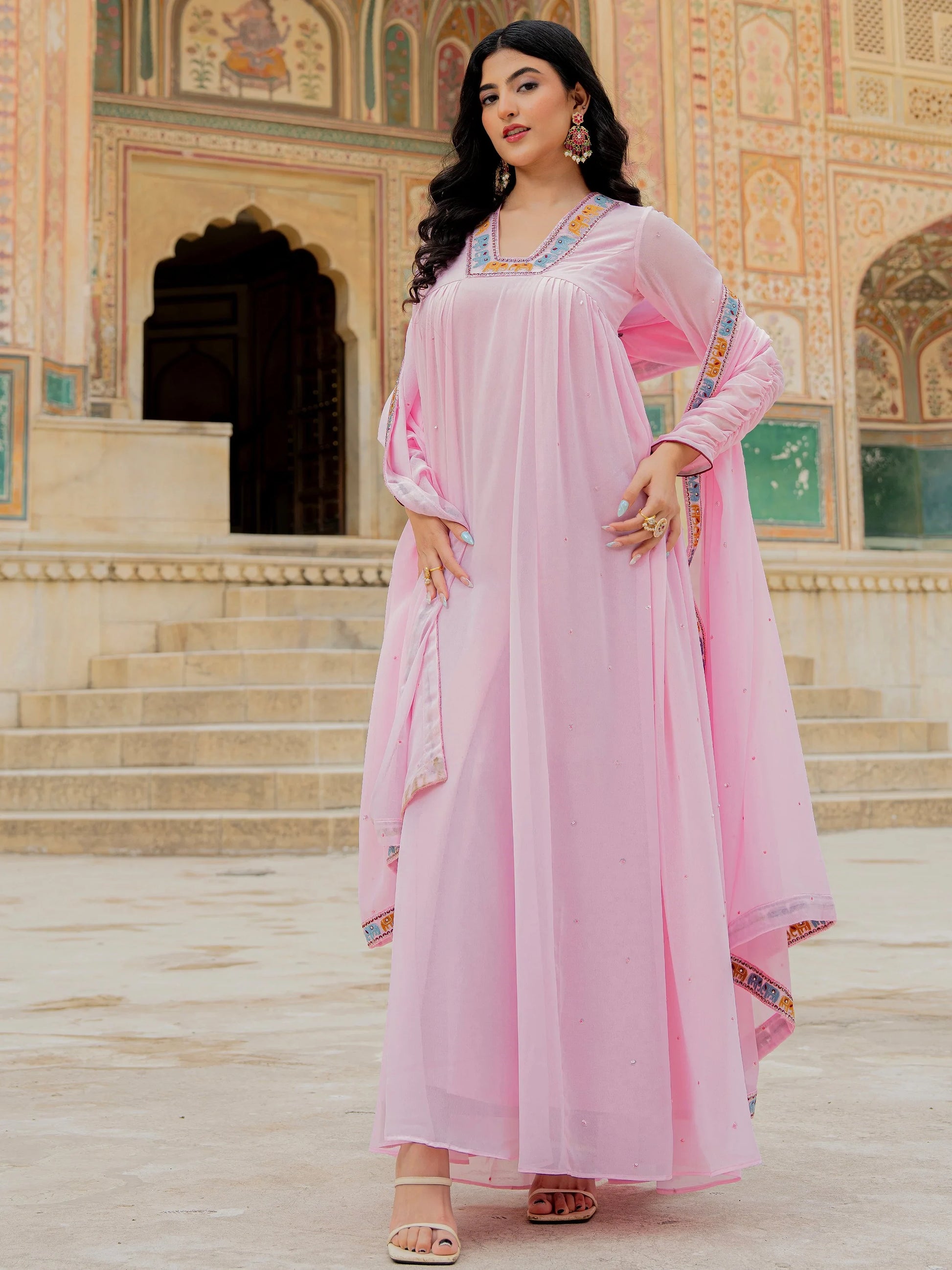 Elegant Pink Thread Embroidery Georgette Event Wear Gown With Dupatta