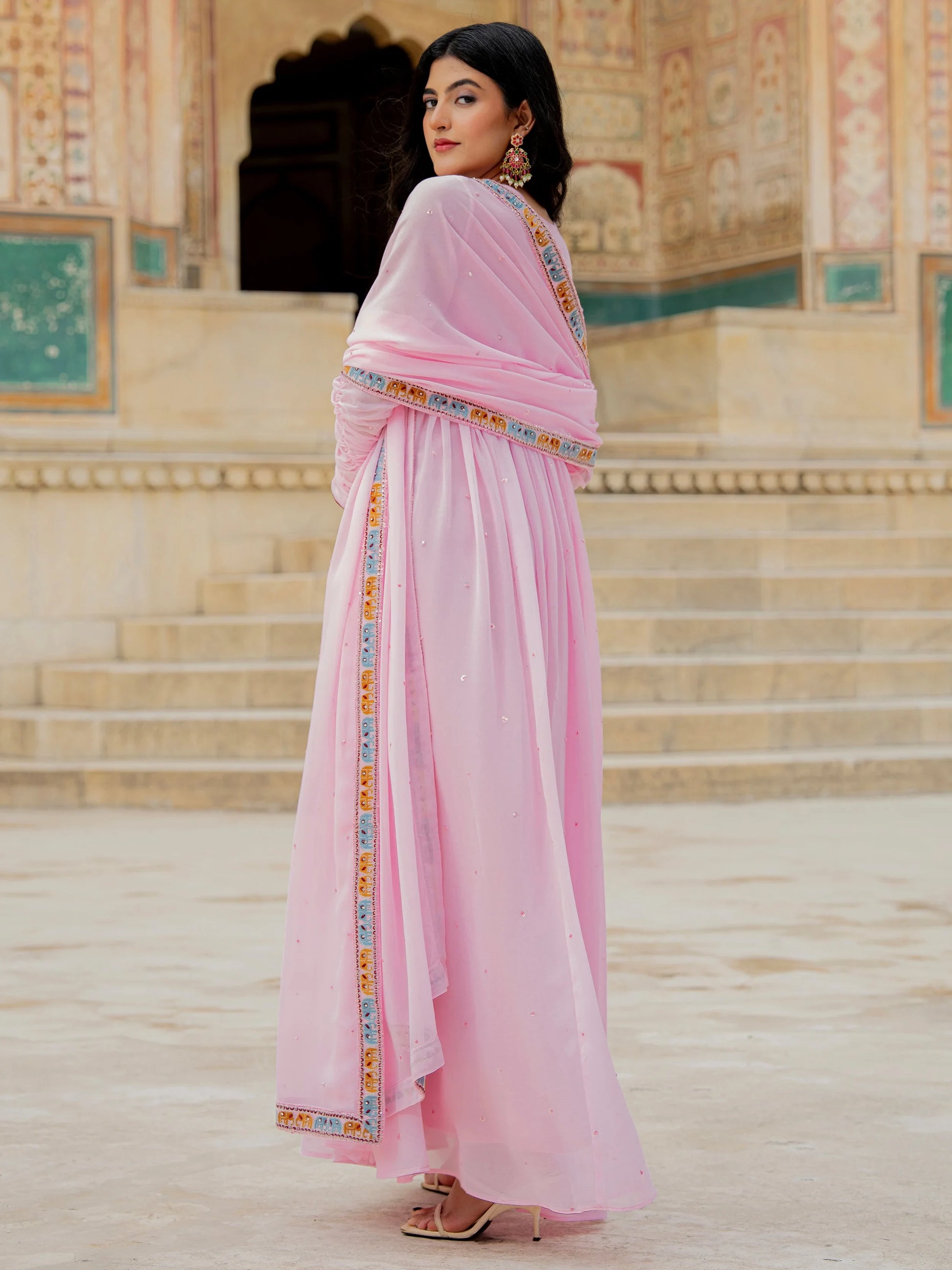 Elegant Pink Thread Embroidery Georgette Event Wear Gown With Dupatta