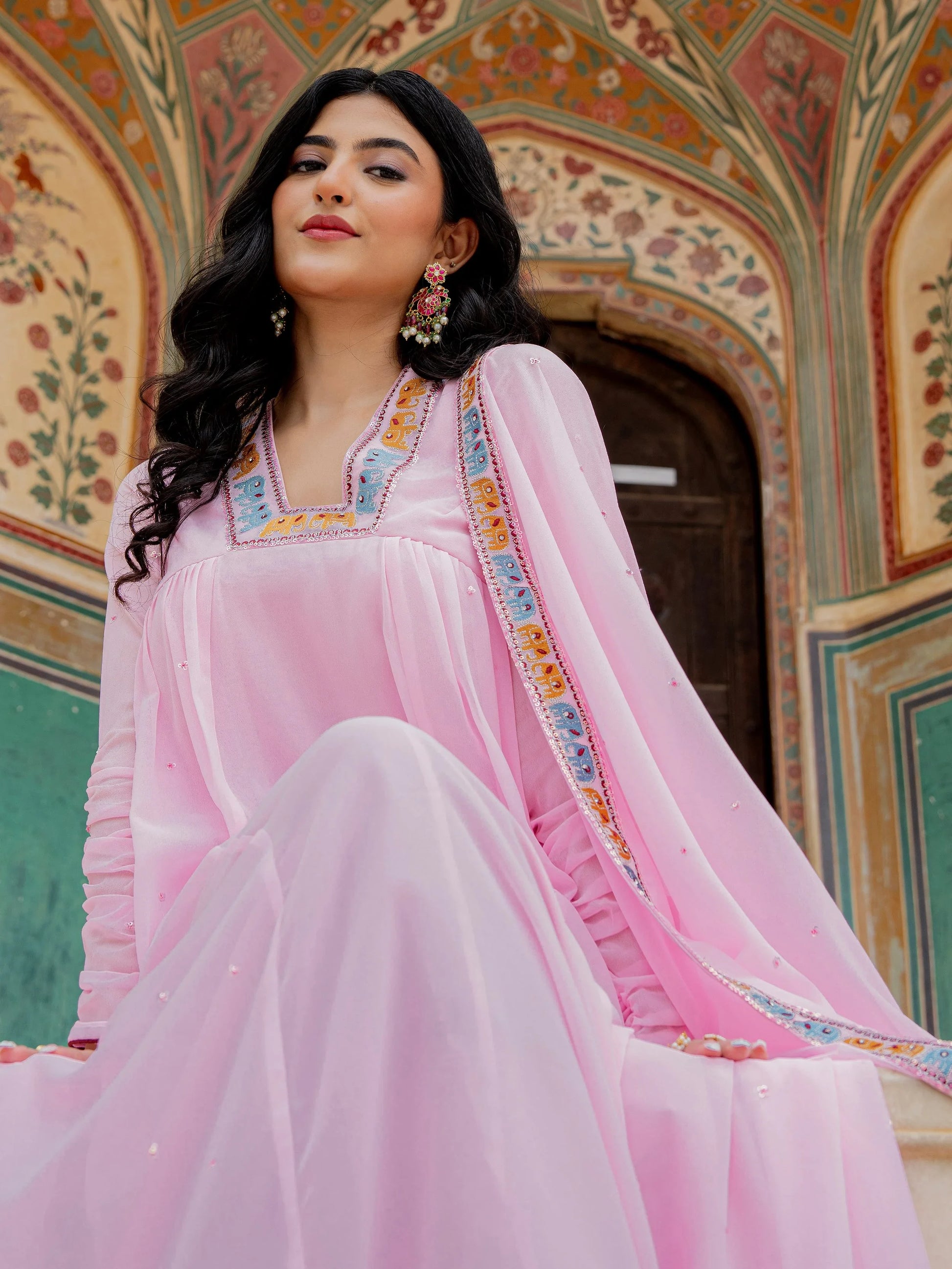 Elegant Pink Thread Embroidery Georgette Event Wear Gown With Dupatta