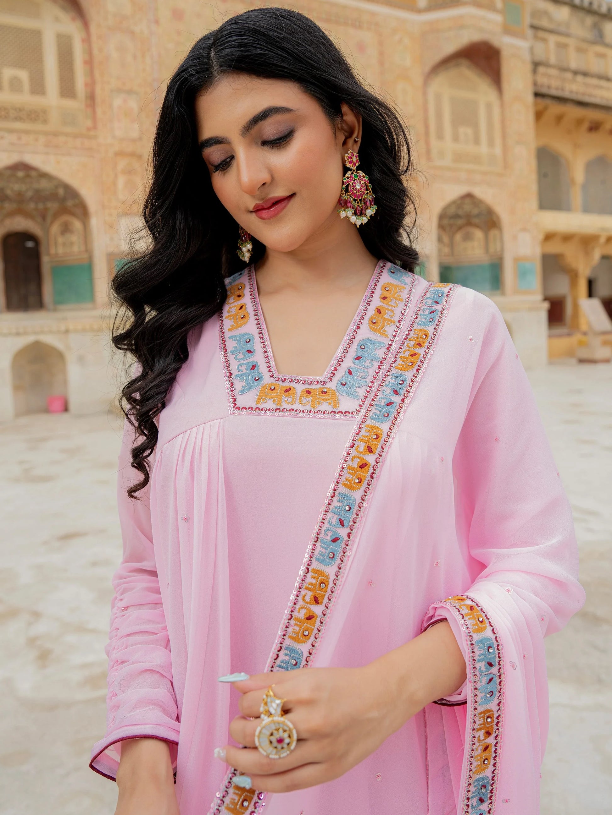 Elegant Pink Thread Embroidery Georgette Event Wear Gown With Dupatta