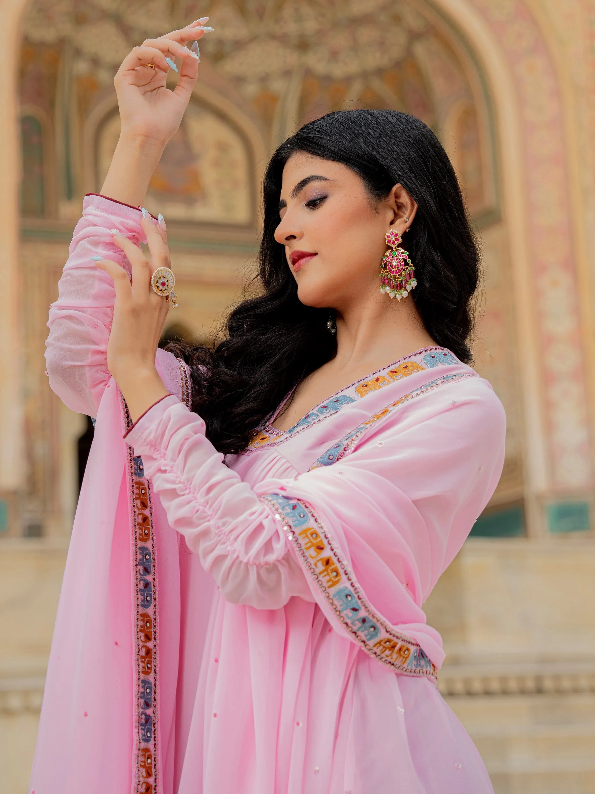 Elegant Pink Thread Embroidery Georgette Event Wear Gown With Dupatta