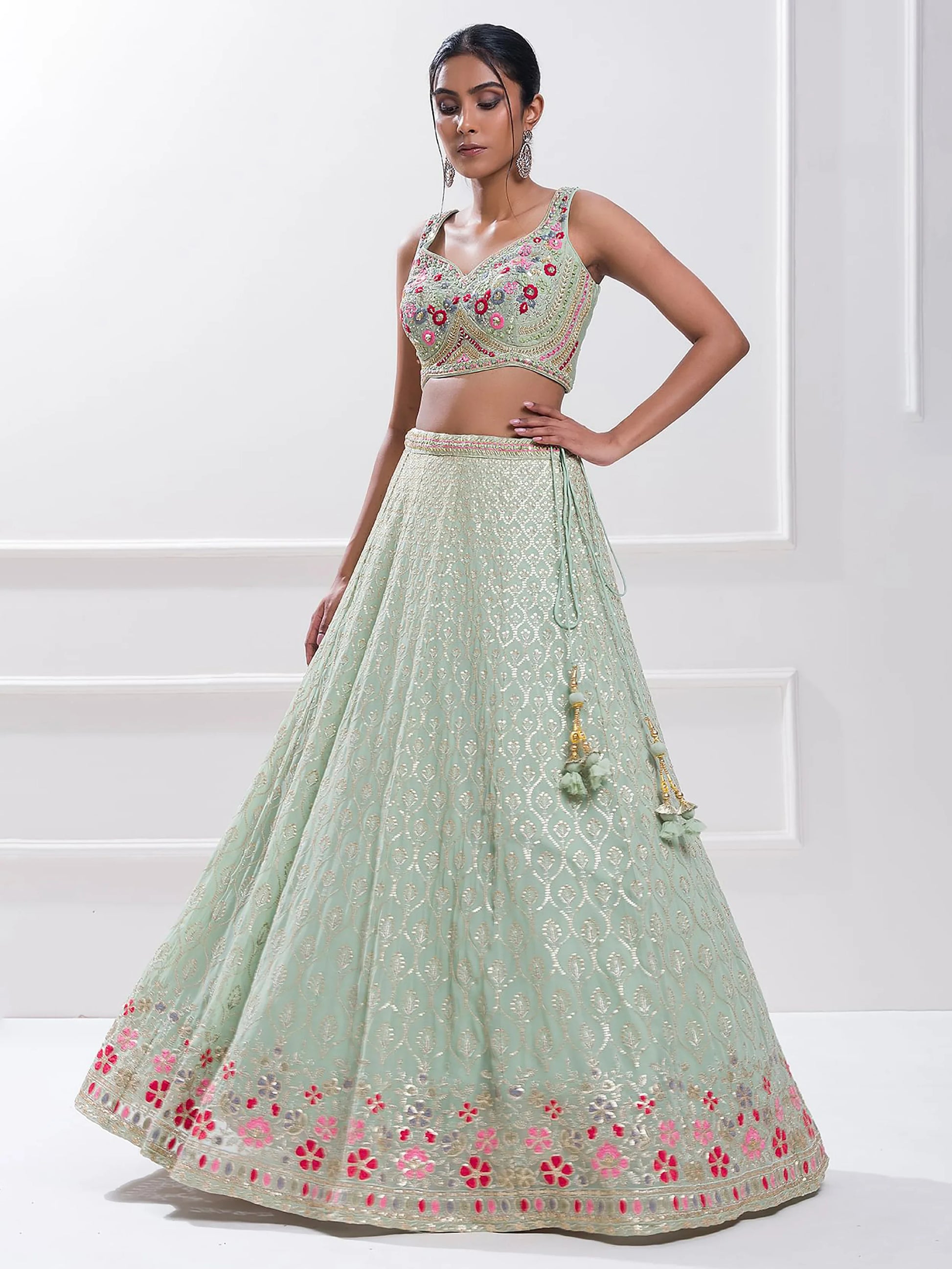 Elegant Pista Green Sequin Georgette Reception Wear Lehenga Choli - Zeel Clothing