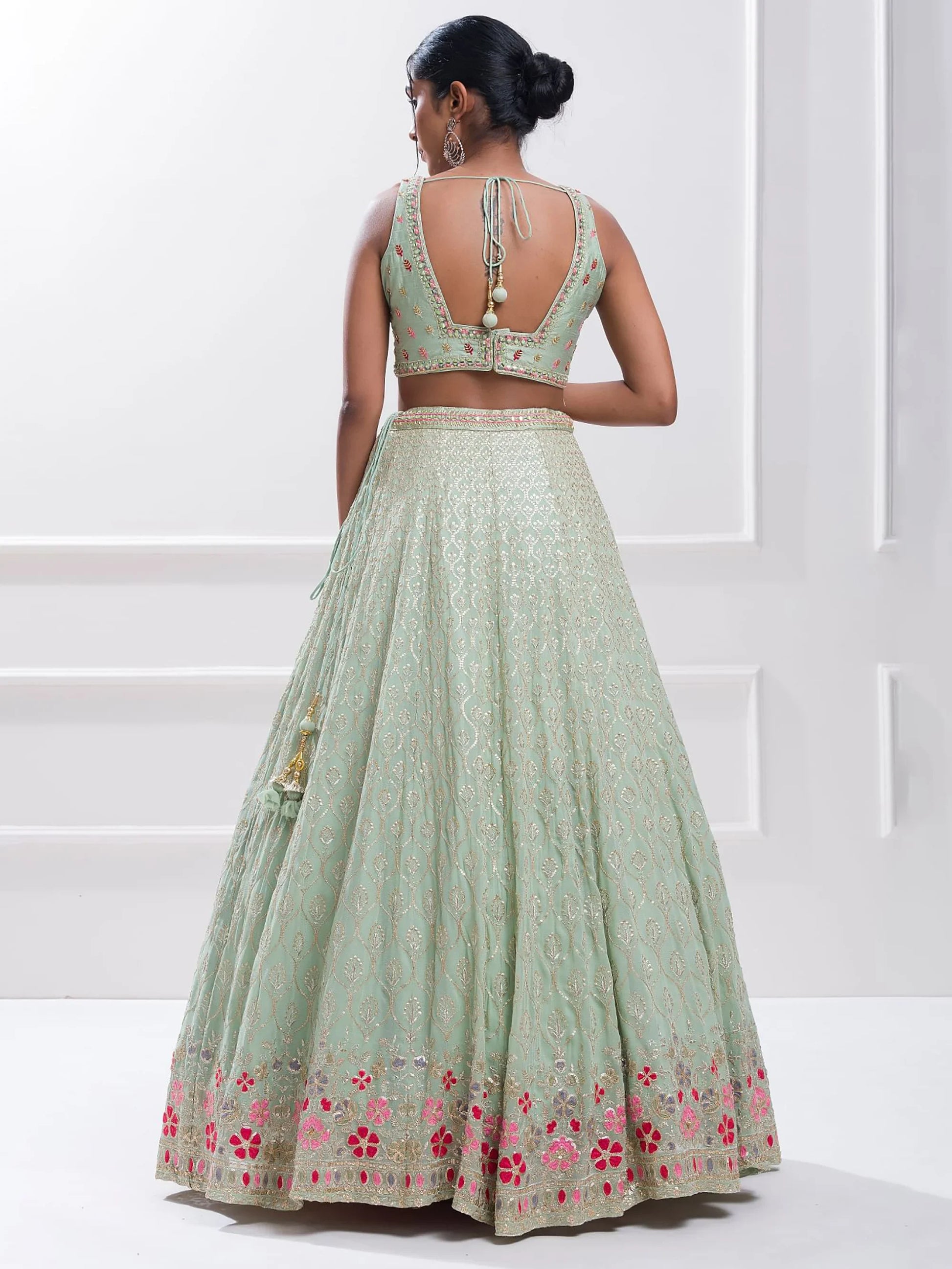 Elegant Pista Green Sequin Georgette Reception Wear Lehenga Choli - Zeel Clothing