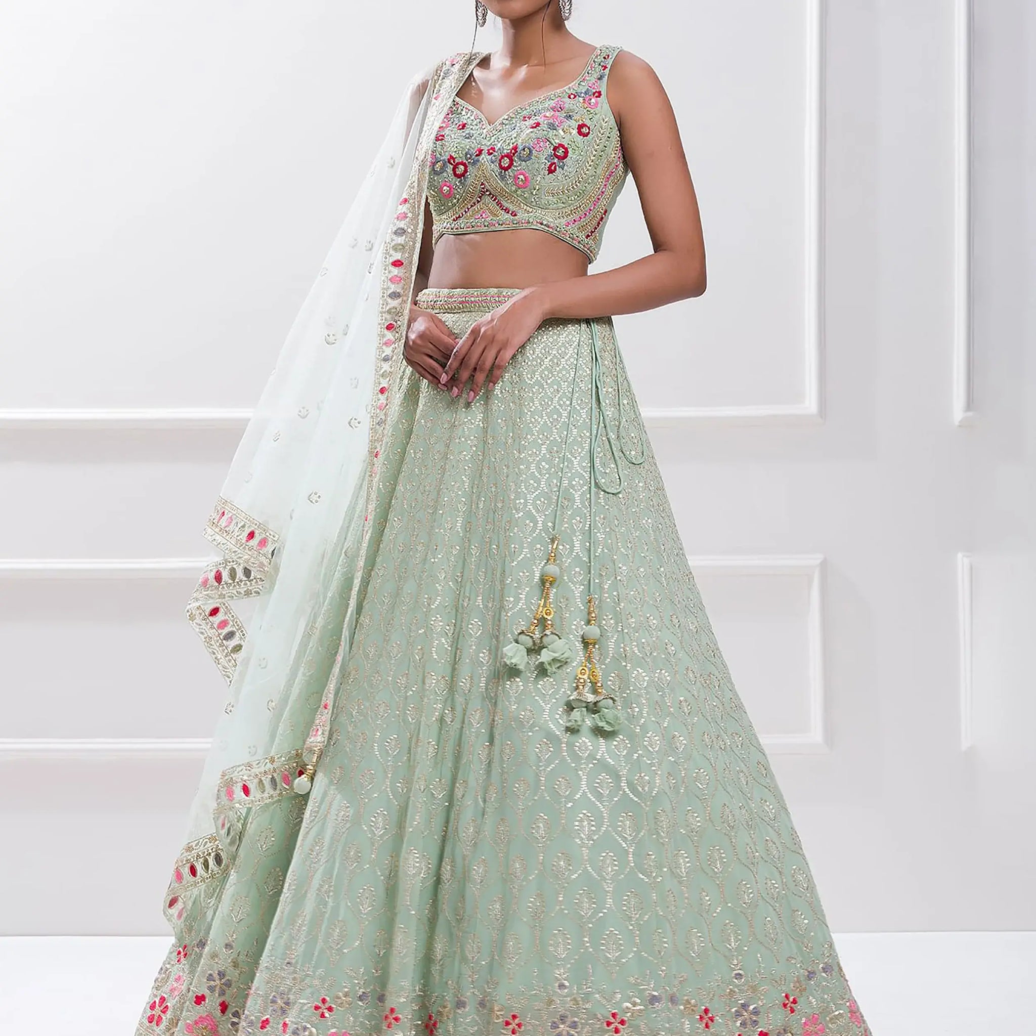 Elegant Pista Green Sequin Georgette Reception Wear Lehenga Choli - Zeel Clothing