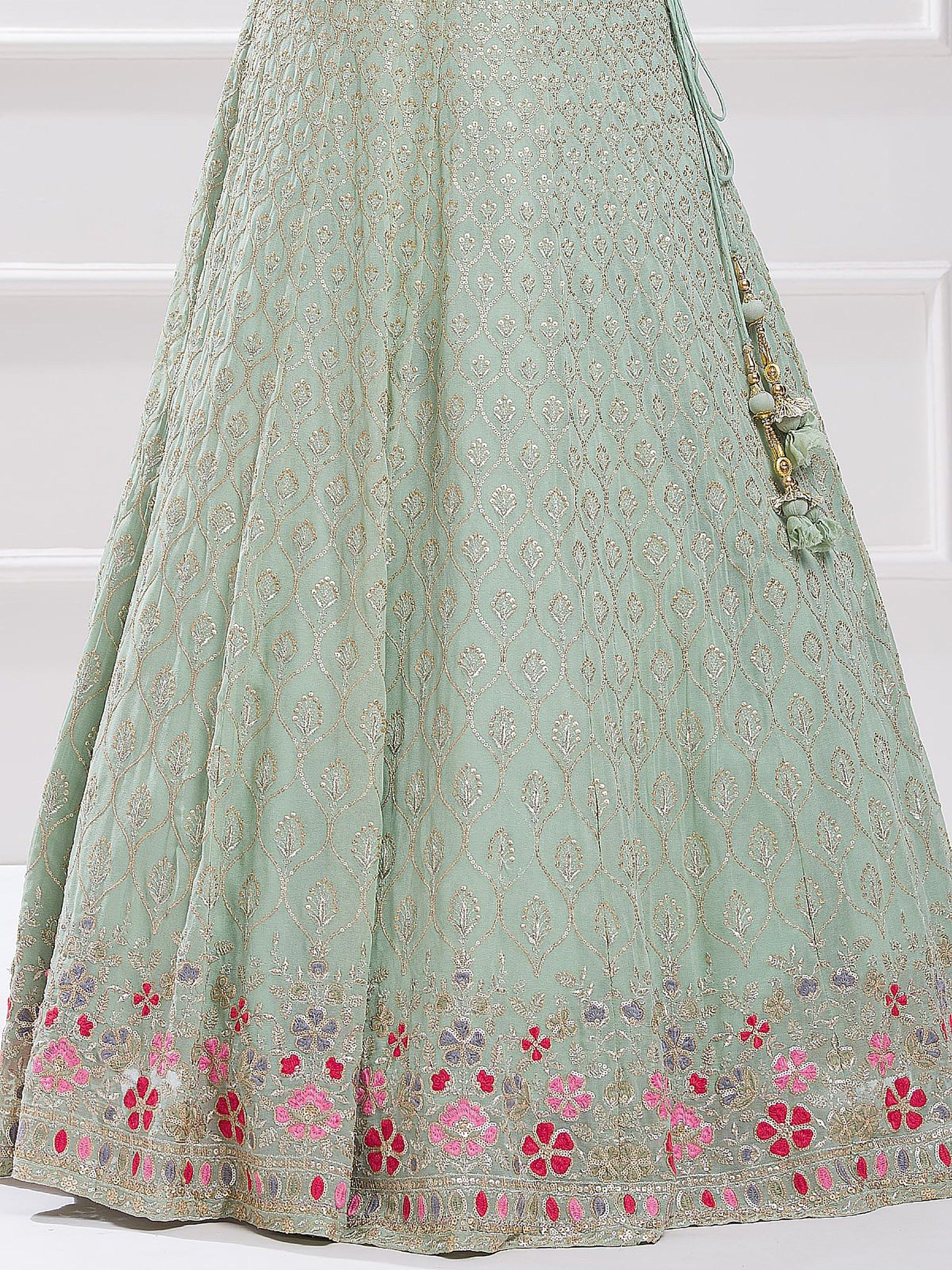 Elegant Pista Green Sequin Georgette Reception Wear Lehenga Choli - Zeel Clothing