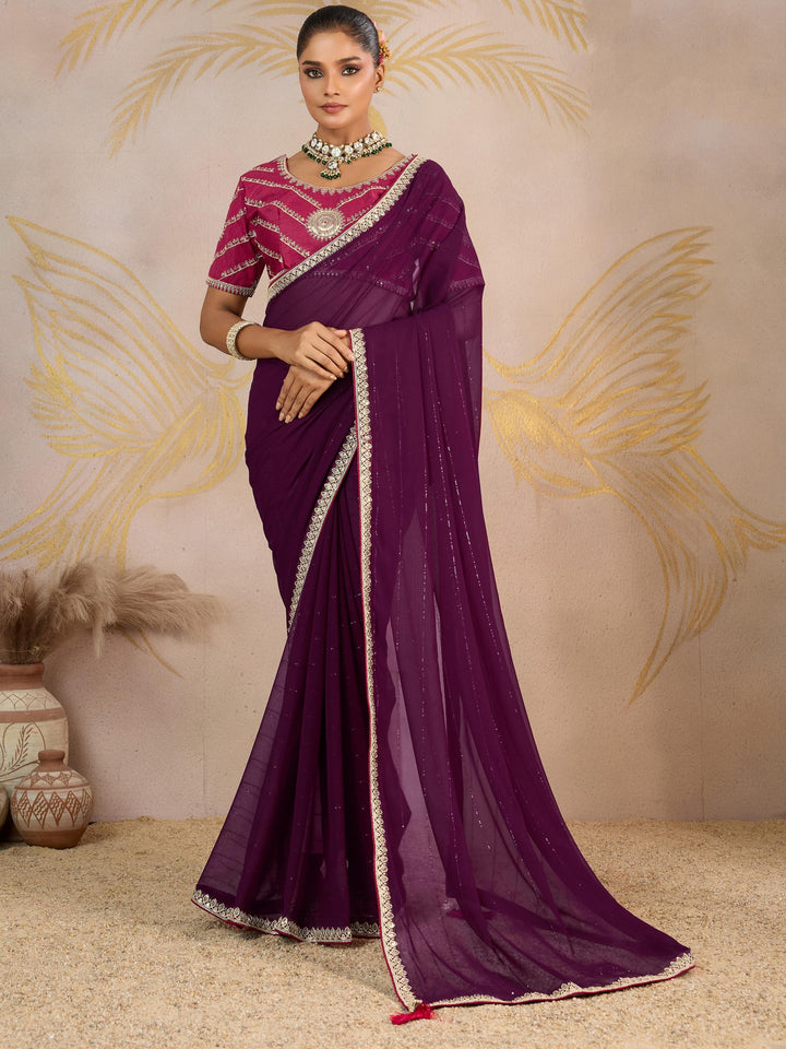 Elegant Purple Embroidered Georgette Function Wear Saree With Blouse