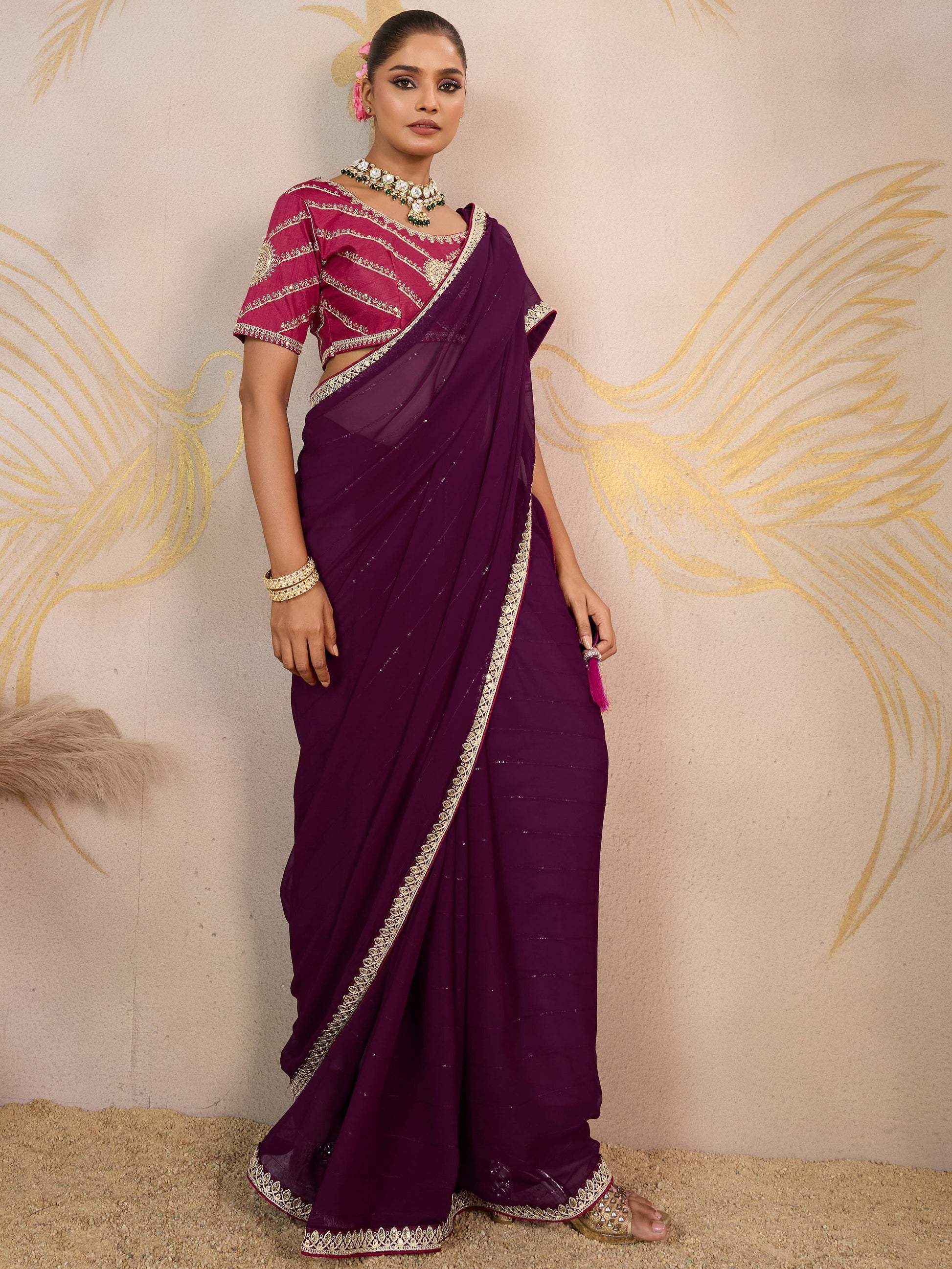 Elegant Purple Embroidered Georgette Function Wear Saree With Blouse
